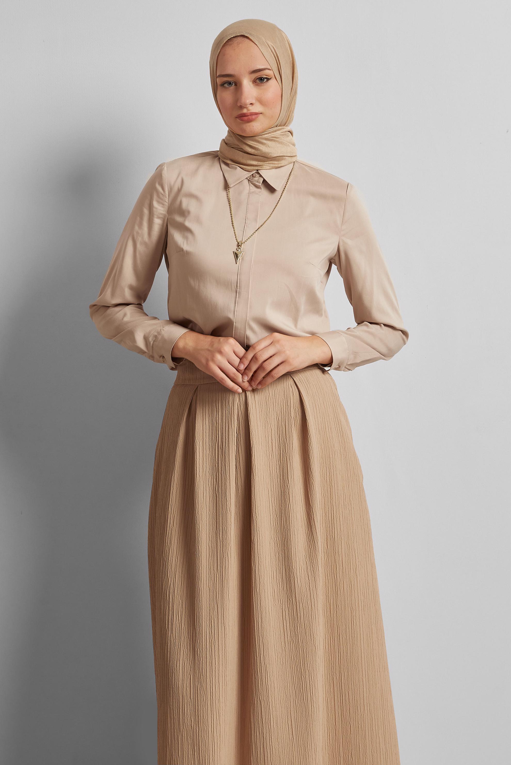 Tesettür giyim BEJ GÖMLEK YAKA TUNİK 45774