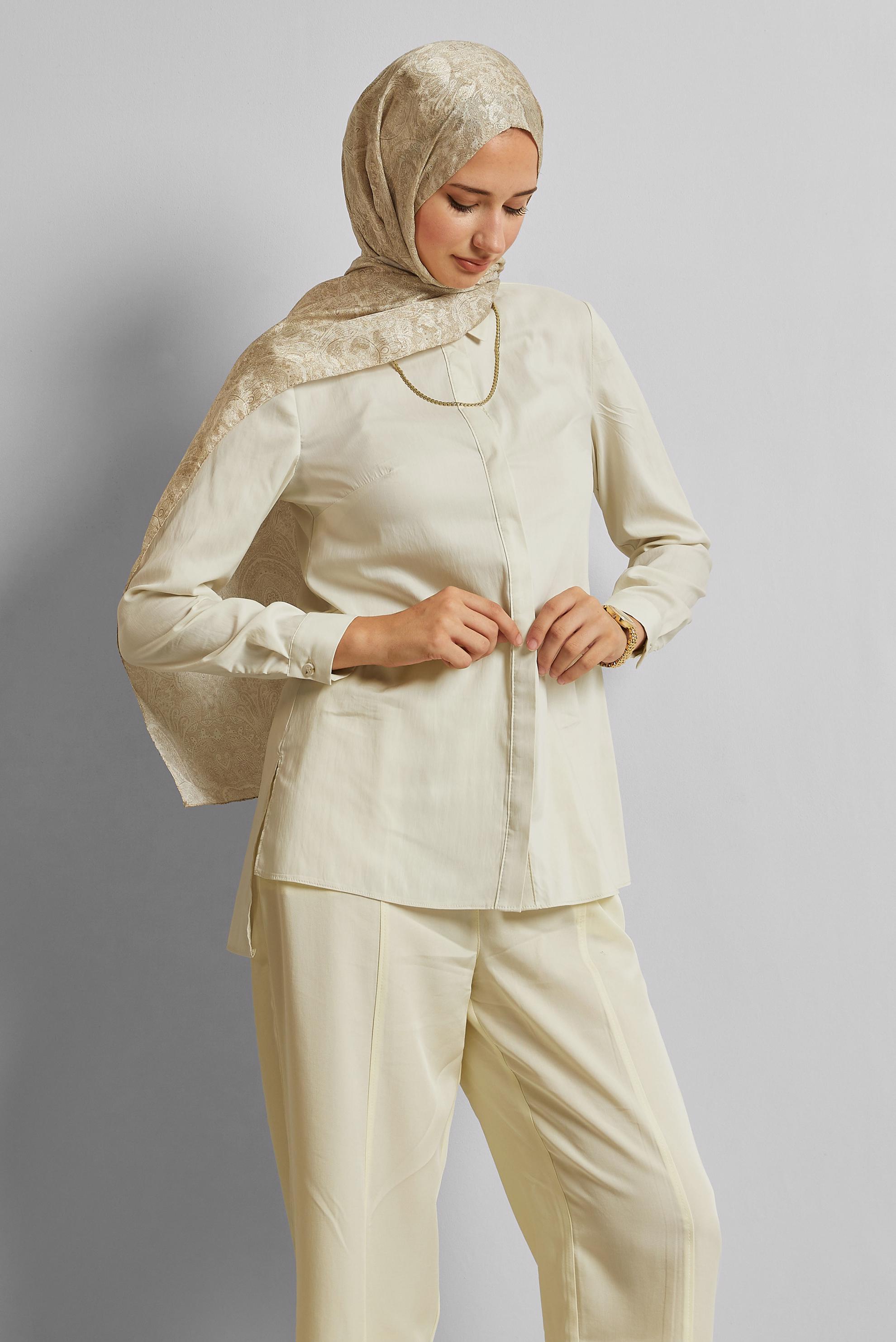 Tesettür giyim EKRU GÖMLEK YAKA TUNİK 45774