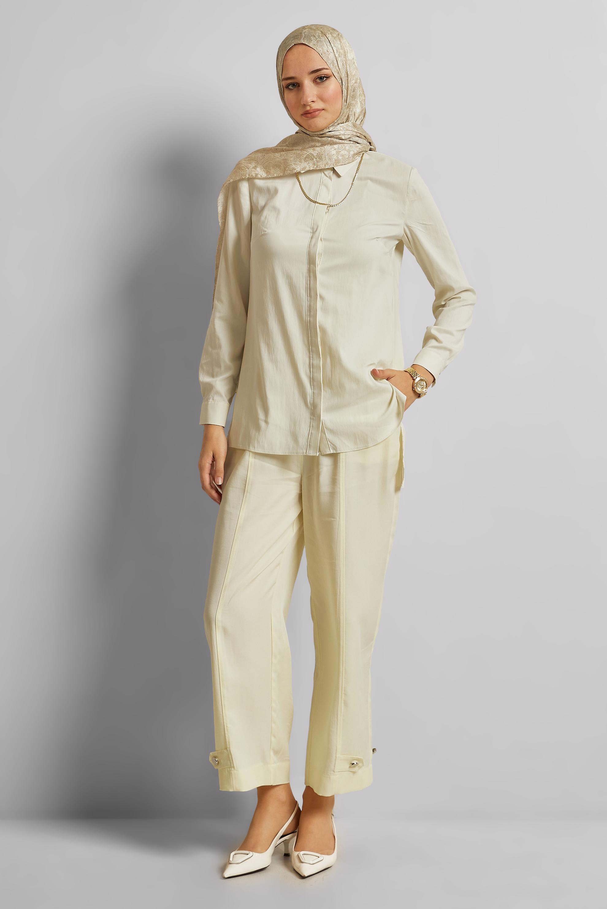 Tesettür giyim EKRU GÖMLEK YAKA TUNİK 45774