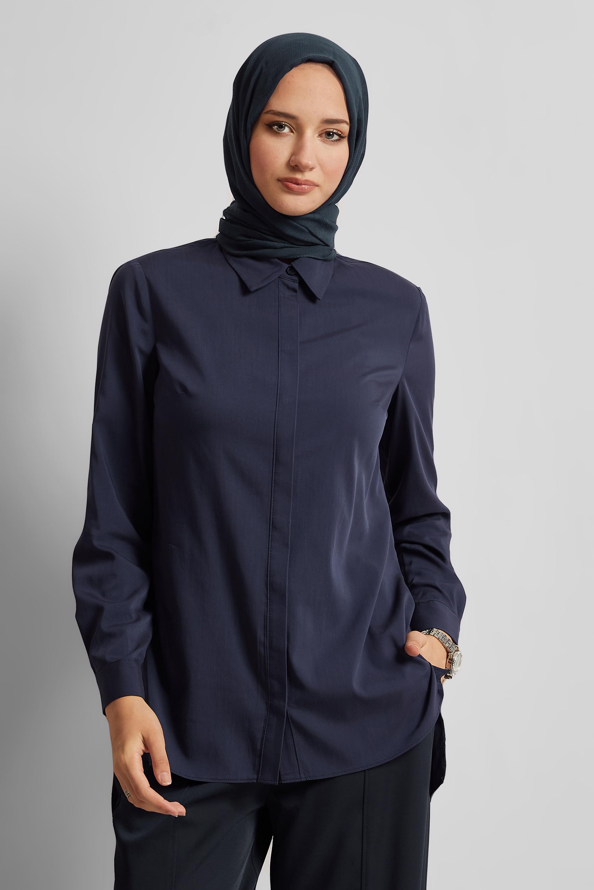 Tesettür giyim LACİVERT GÖMLEK YAKA TUNİK 45774