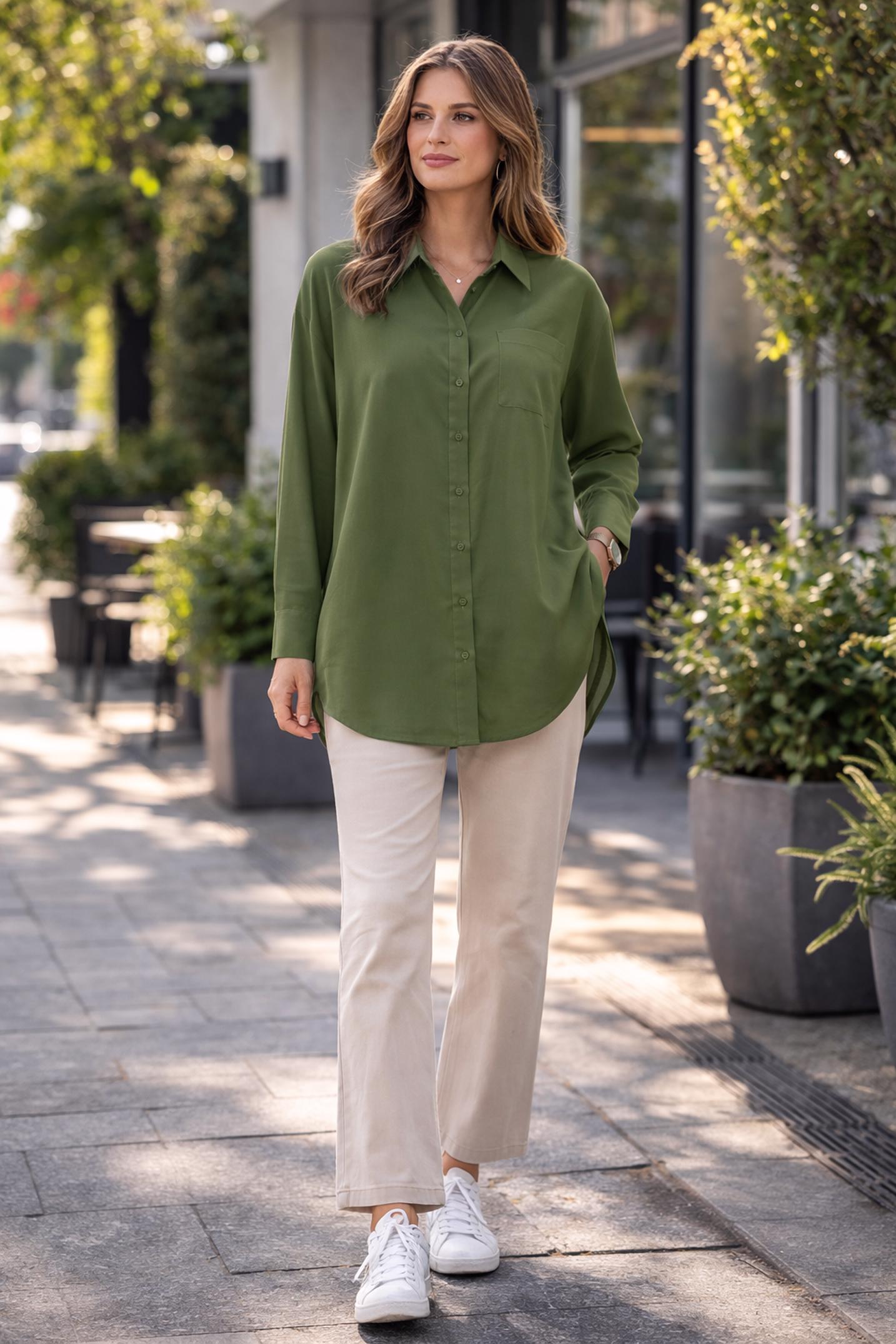 Tesettür giyim HAKİ GÖMLEK YAKA TUNİK 45778