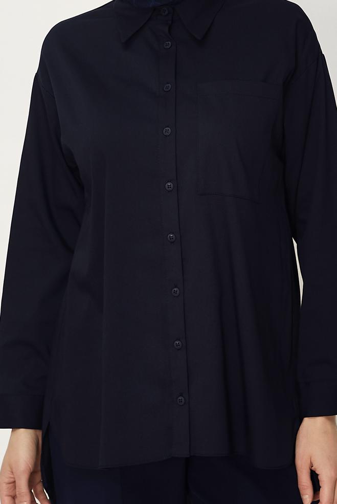 Hijab-Kleidung NAVY BLAU HEMDKRAGEN TUNIKA 45778 - ALVİNA