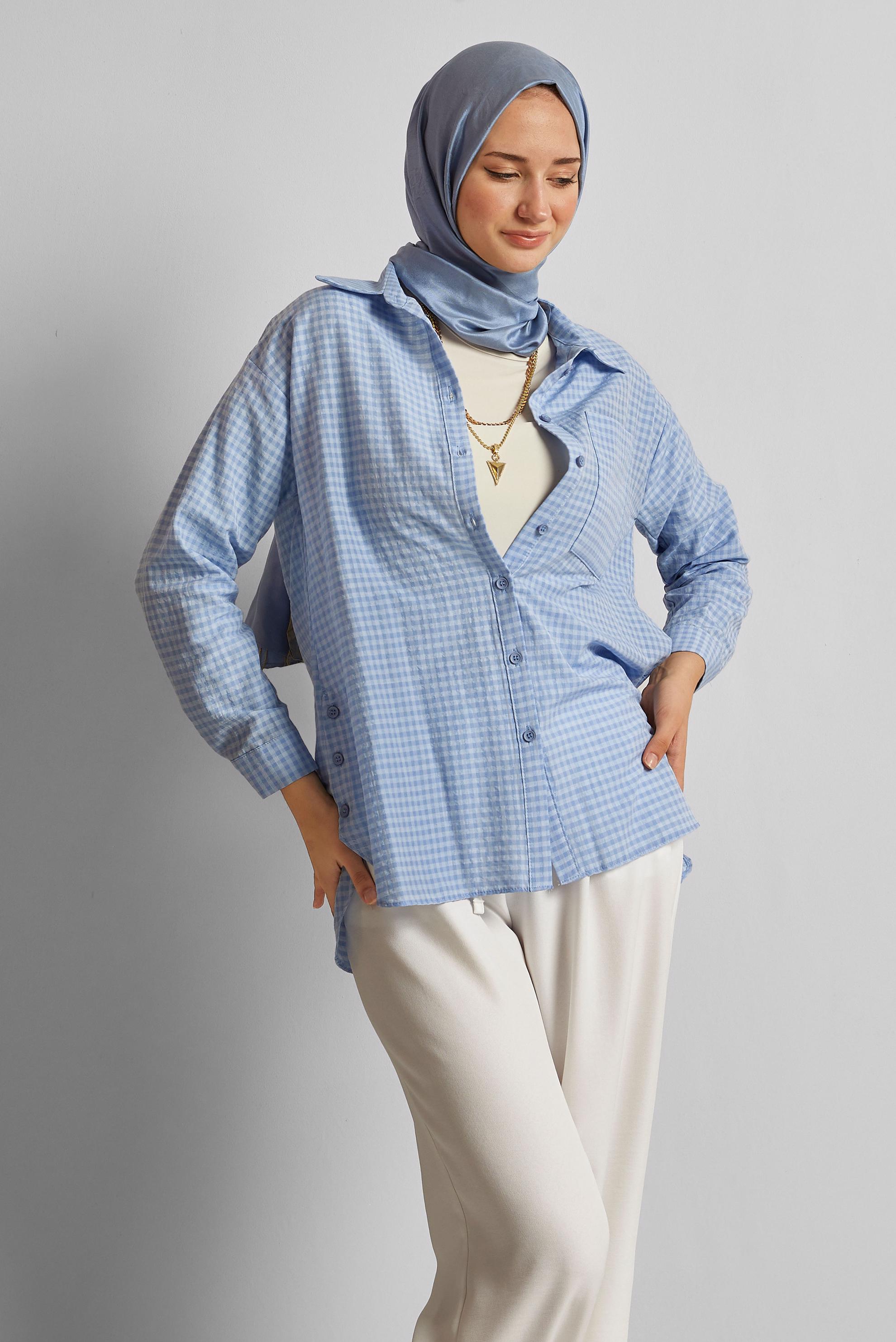 Tesettür giyim MAVİ EKOSE DESENLİ PAMUKLU TUNİK 45779