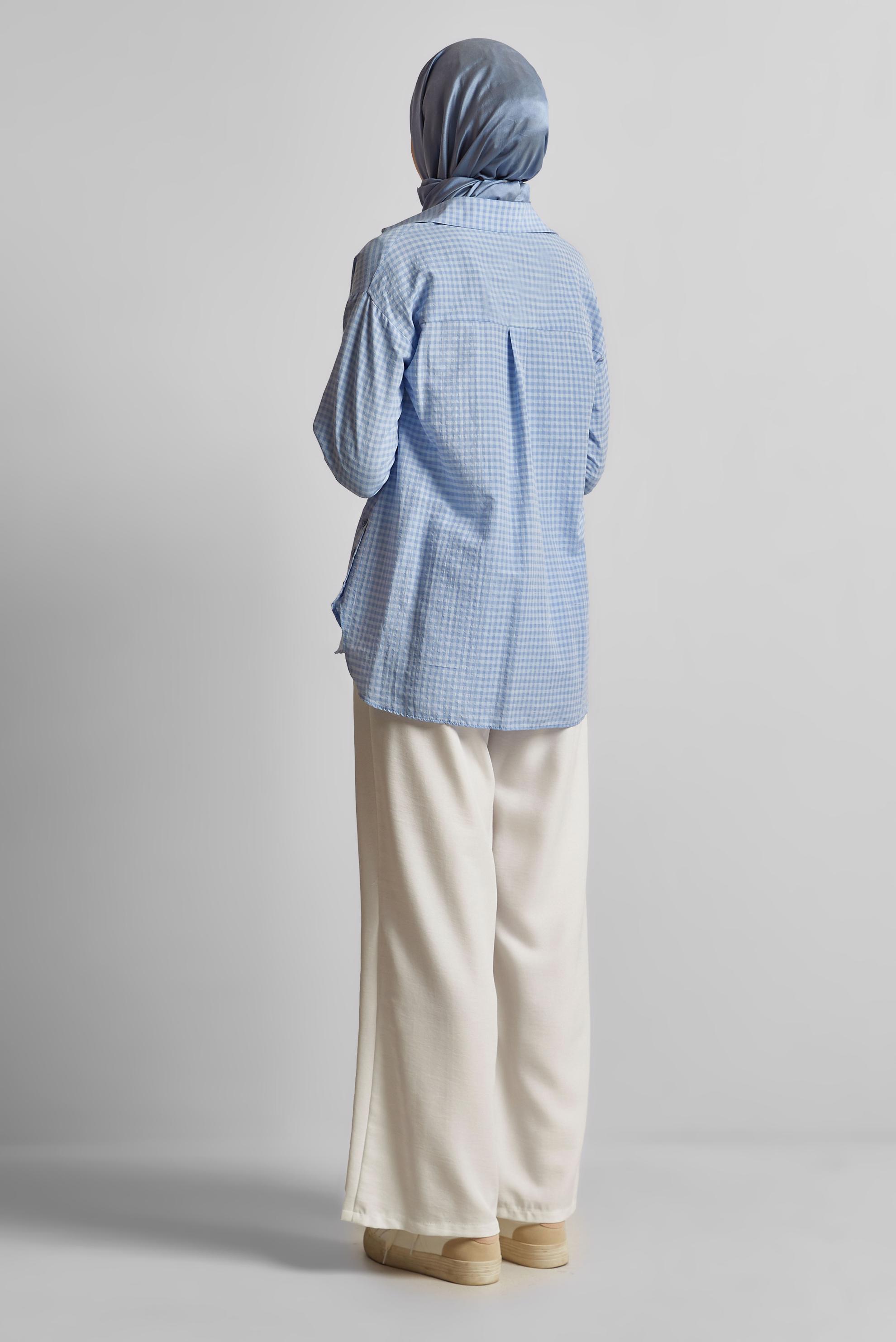 Tesettür giyim MAVİ EKOSE DESENLİ PAMUKLU TUNİK 45779