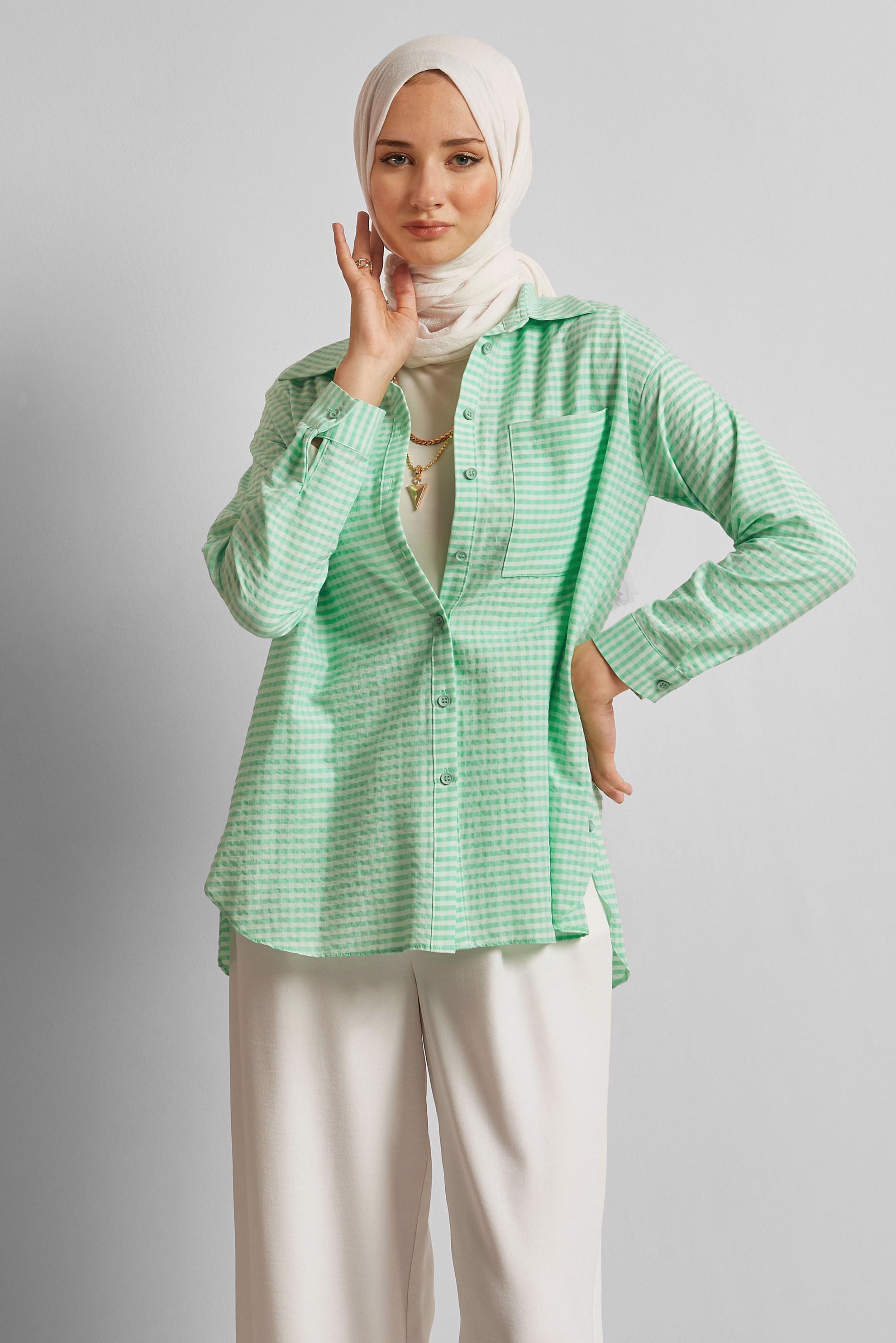 Tesettür giyim YEŞİL EKOSE DESENLİ PAMUKLU TUNİK 45779