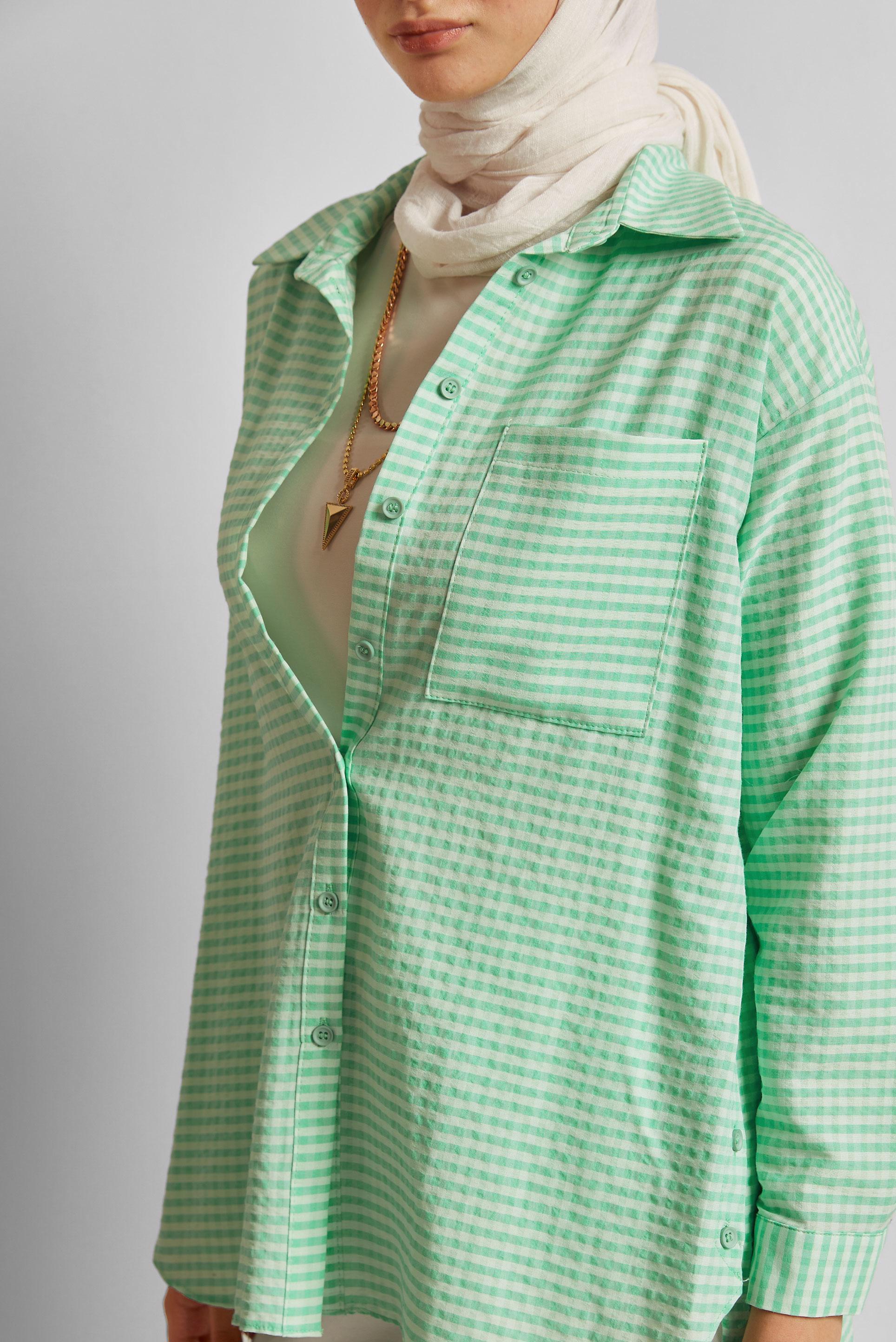 Tesettür giyim YEŞİL EKOSE DESENLİ PAMUKLU TUNİK 45779