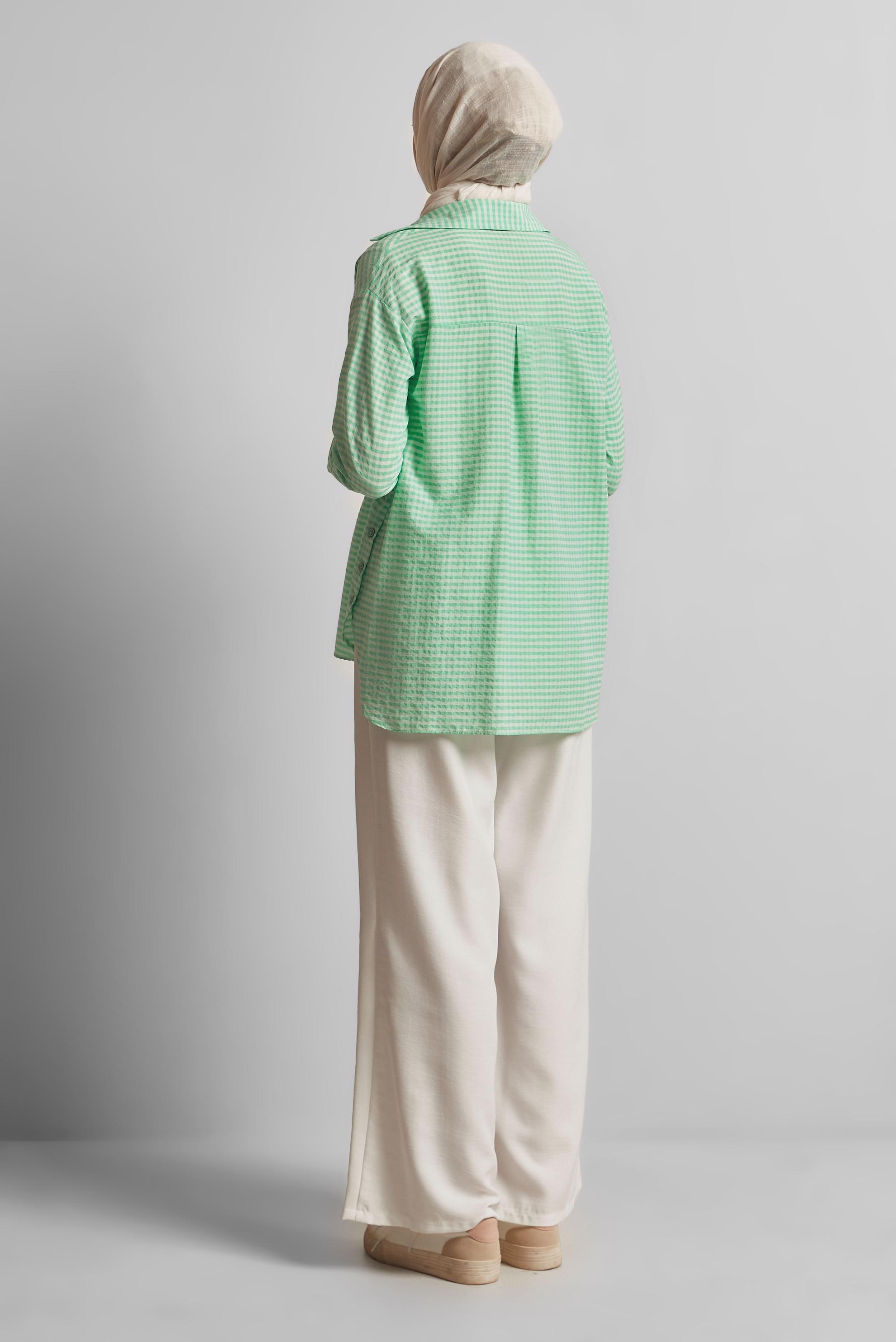 Tesettür giyim YEŞİL EKOSE DESENLİ PAMUKLU TUNİK 45779