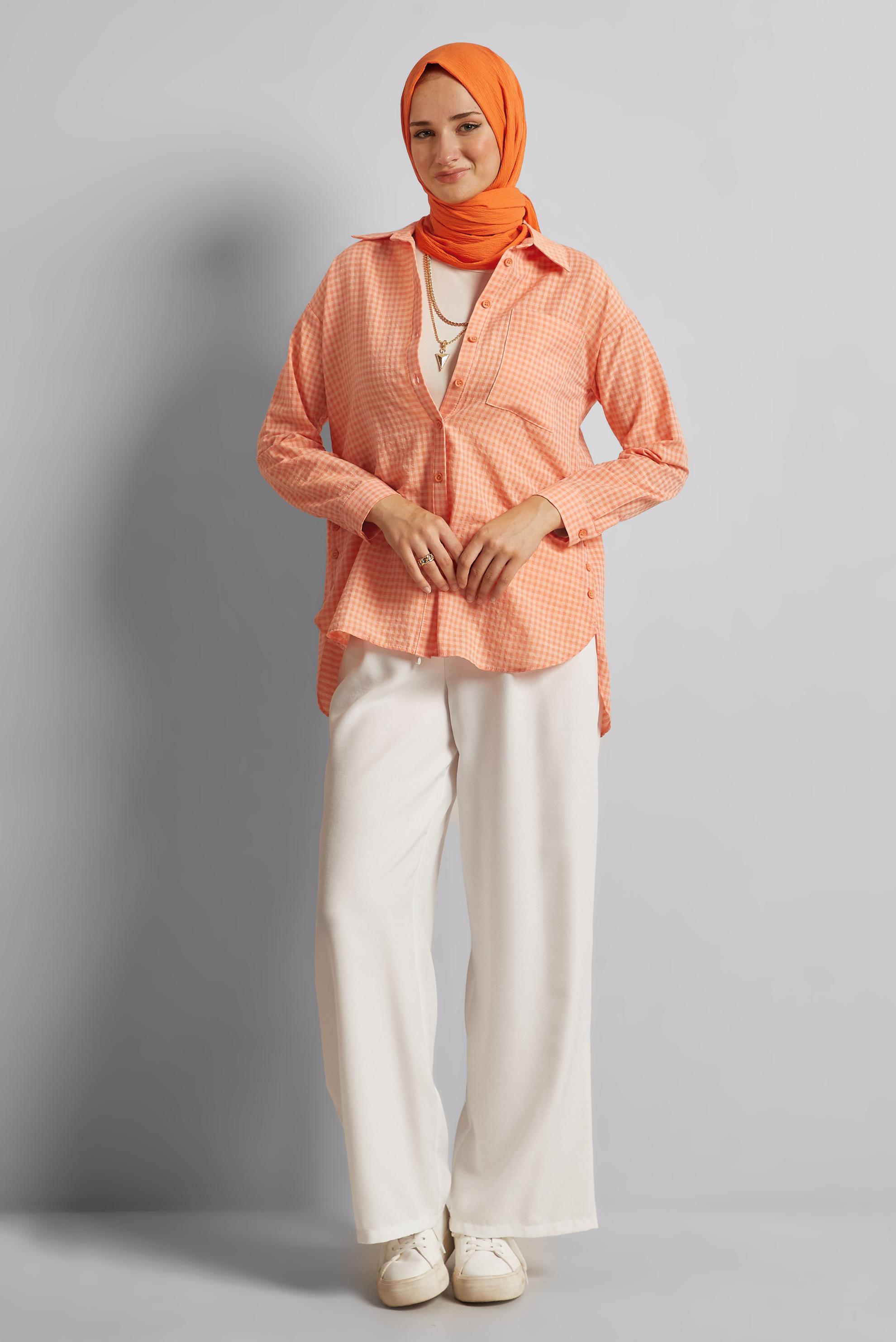 Tesettür giyim TURUNCU EKOSE DESENLİ PAMUKLU TUNİK 45779