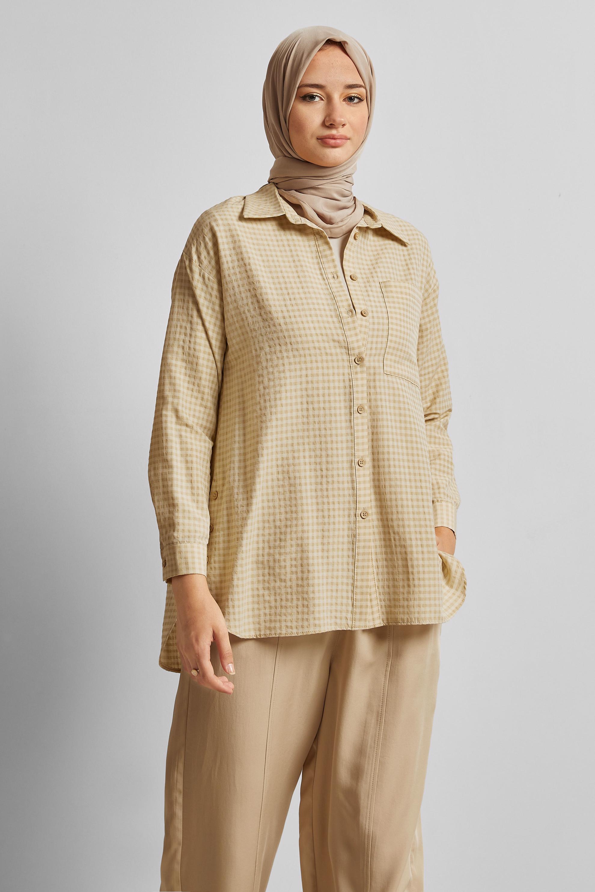 Tesettür giyim KAHVE EKOSE DESENLİ PAMUKLU TUNİK 45779