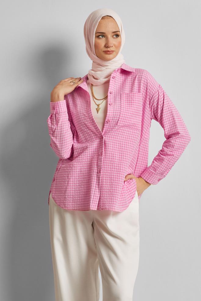 Tesettür giyim FUŞYA EKOSE DESENLİ PAMUKLU TUNİK 45779 - ALVİNA