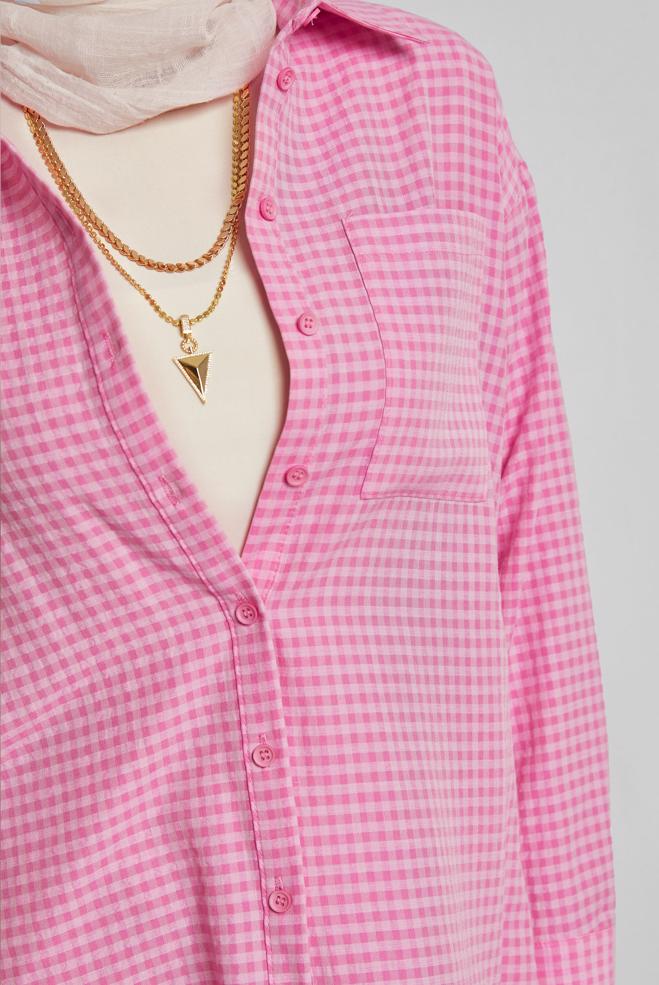 Tesettür giyim FUŞYA EKOSE DESENLİ PAMUKLU TUNİK 45779 - ALVİNA