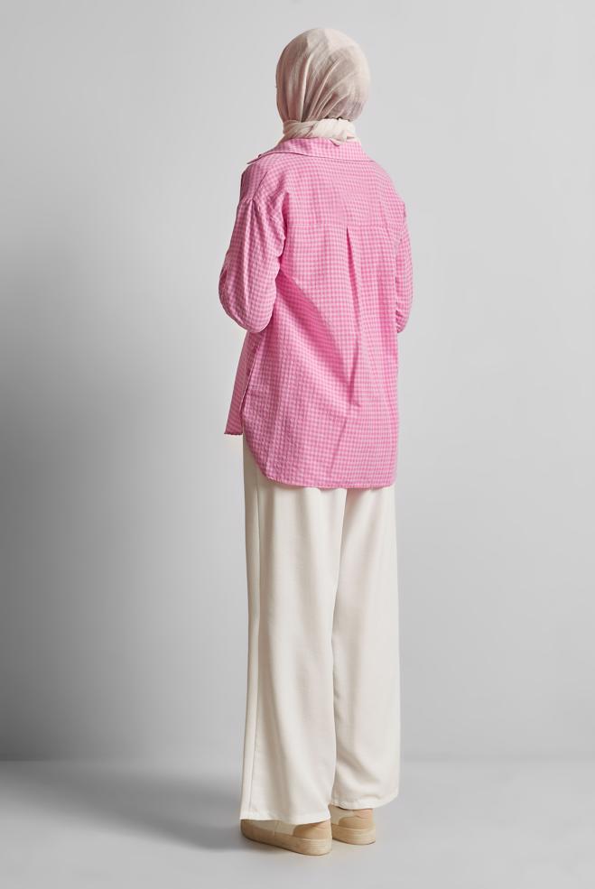 Tesettür giyim FUŞYA EKOSE DESENLİ PAMUKLU TUNİK 45779 - ALVİNA