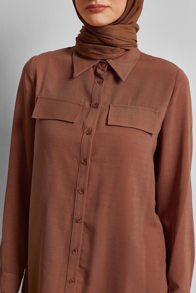 Vêtements hijab BRUN TUNIQUE COL CHEMISE 45782 - ALVİNA