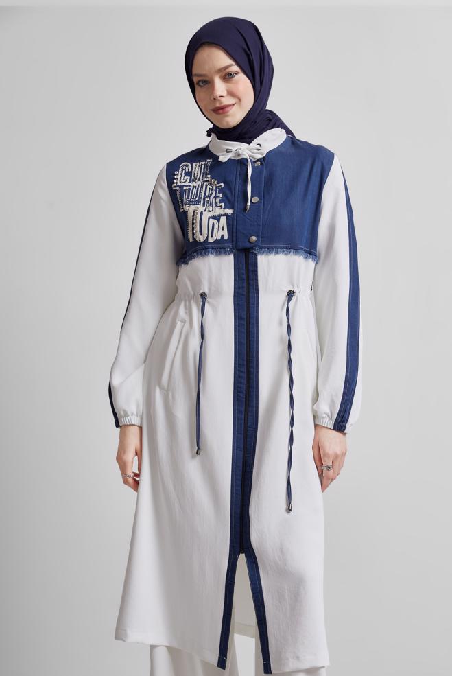 Vêtements hijab BEIGE TRENCH-COAT IMPRIMÉ SLOGAN 10878 - ALVİNA