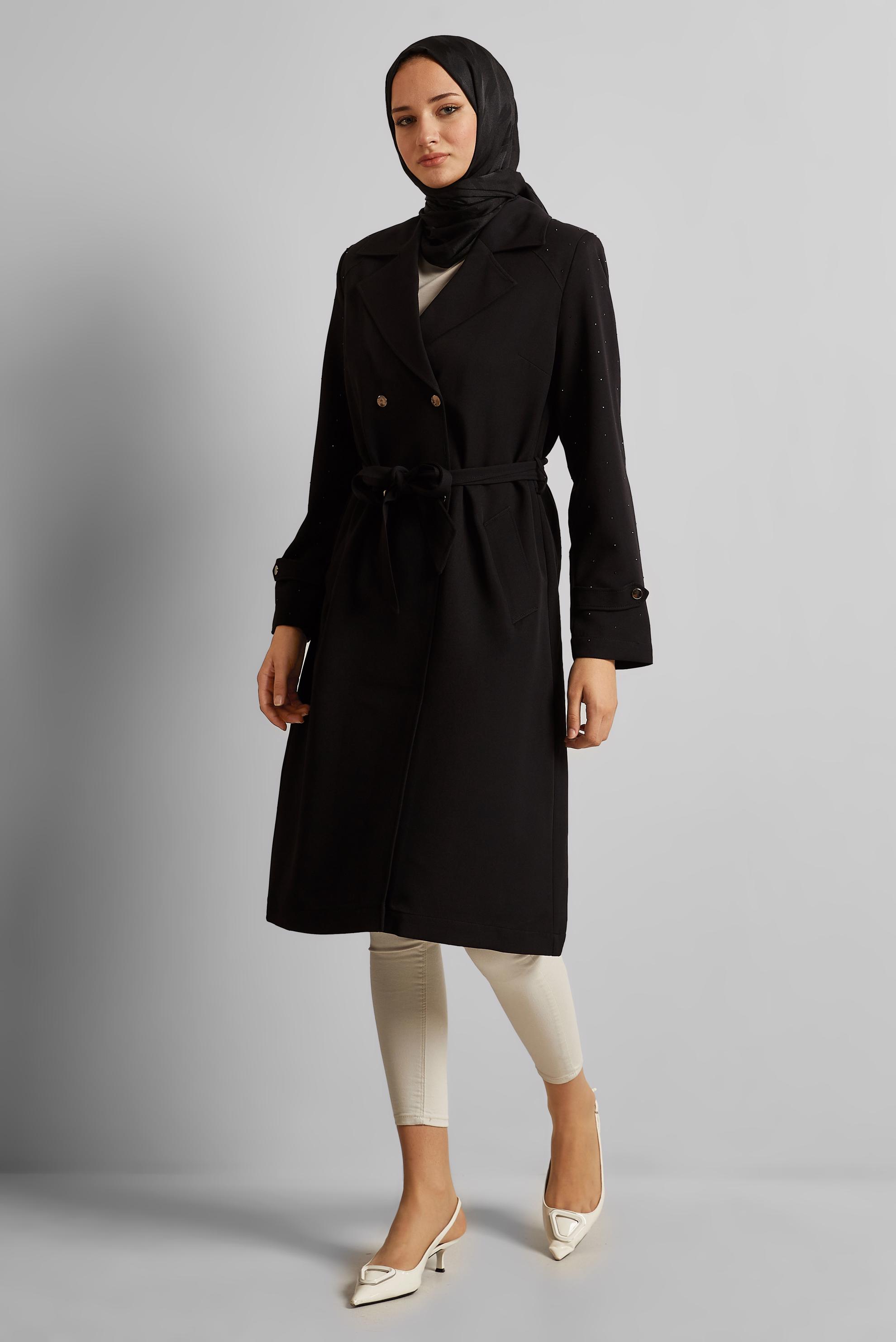 Tesettür giyim SİYAH KUŞAKLI TRENÇKOT 10950