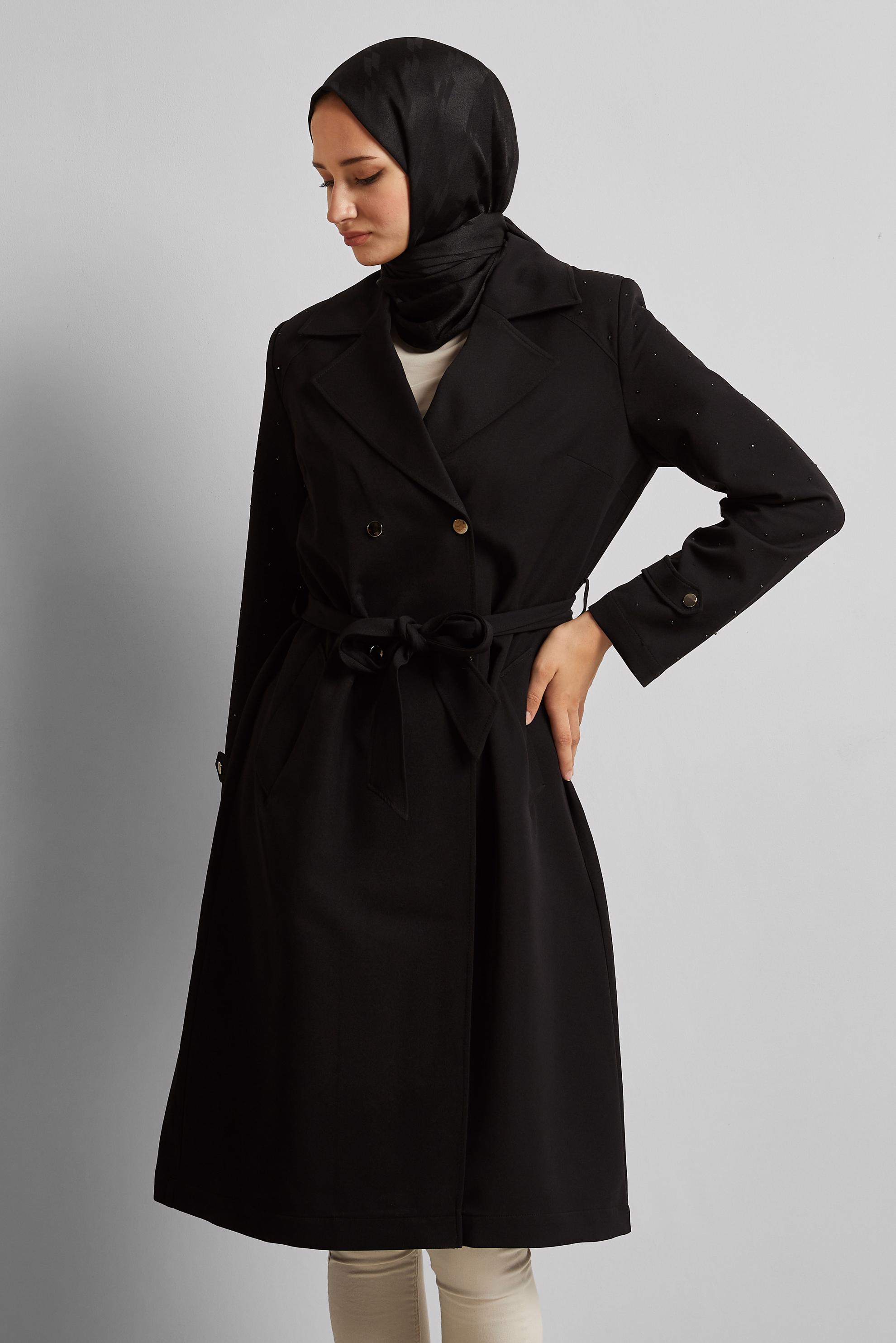 Tesettür giyim SİYAH KUŞAKLI TRENÇKOT 10950