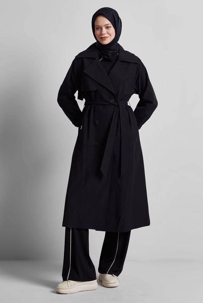 Hijab clothing BLACK BELTED TRENCH COAT 10953 - ALVİNA