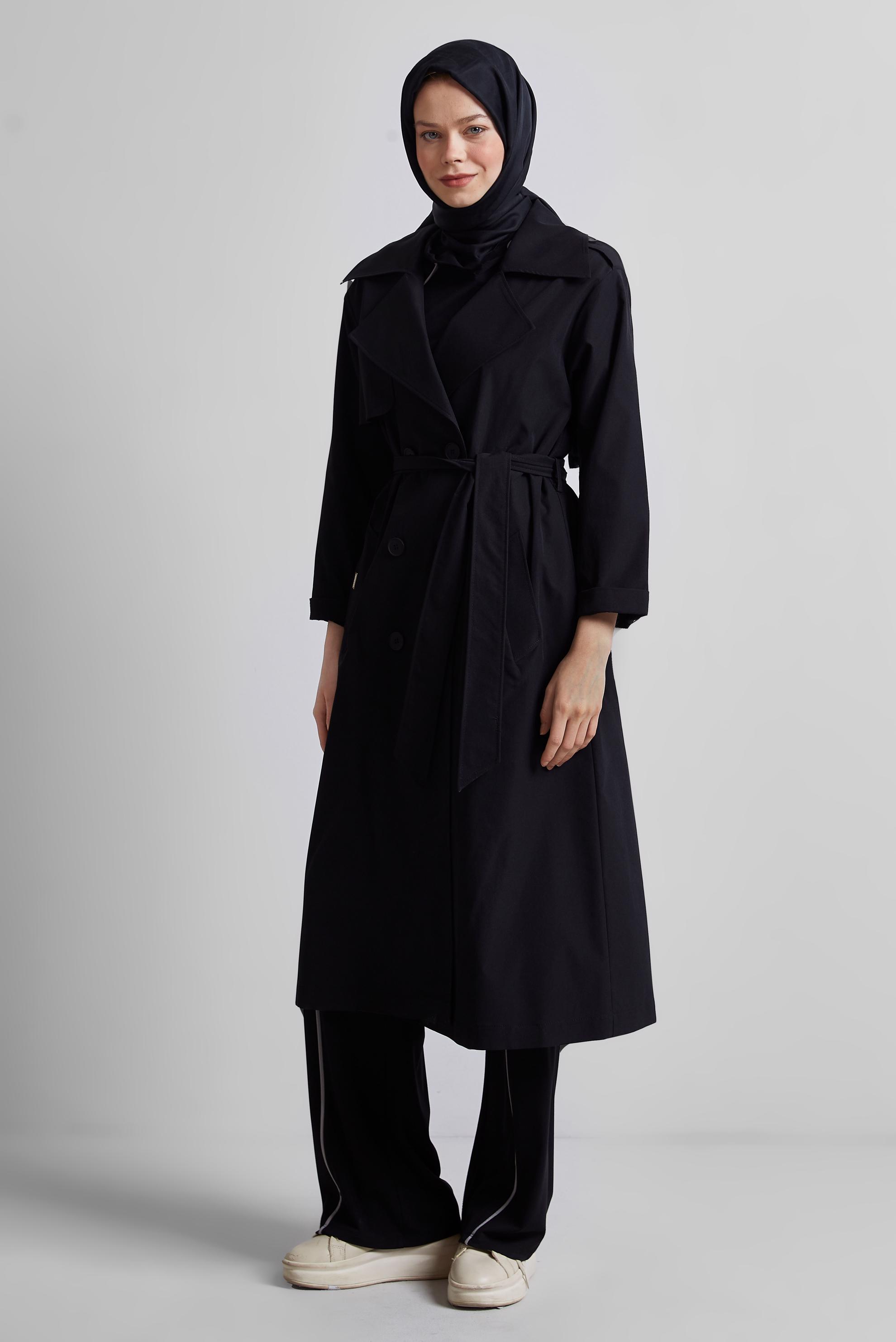 Tesettür giyim SİYAH KUŞAKLI TRENÇKOT 10953