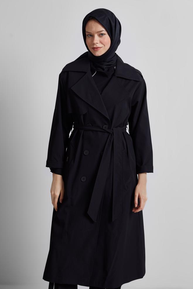 Hijab clothing BLACK BELTED TRENCH COAT 10953 - ALVİNA