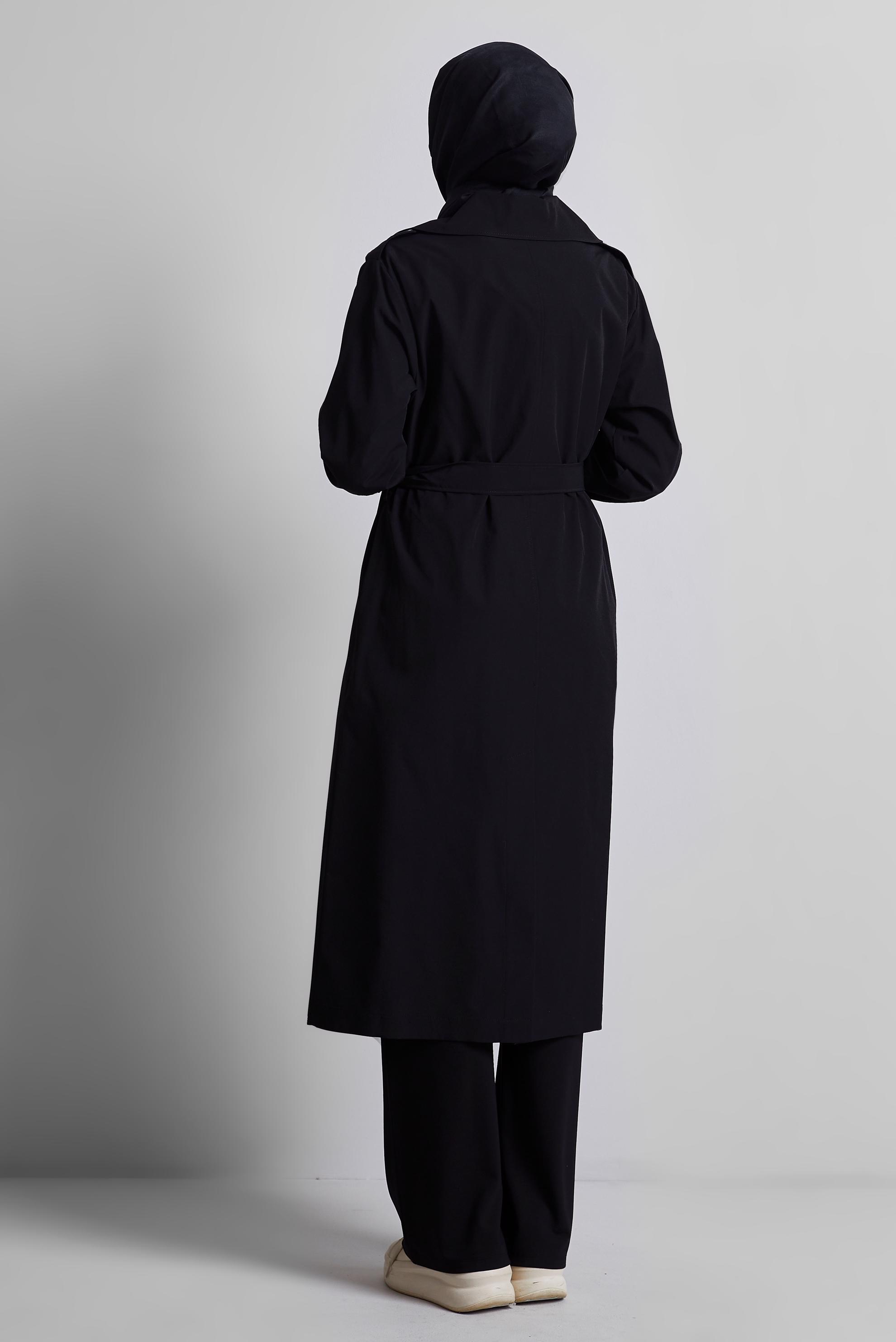 Tesettür giyim SİYAH KUŞAKLI TRENÇKOT 10953