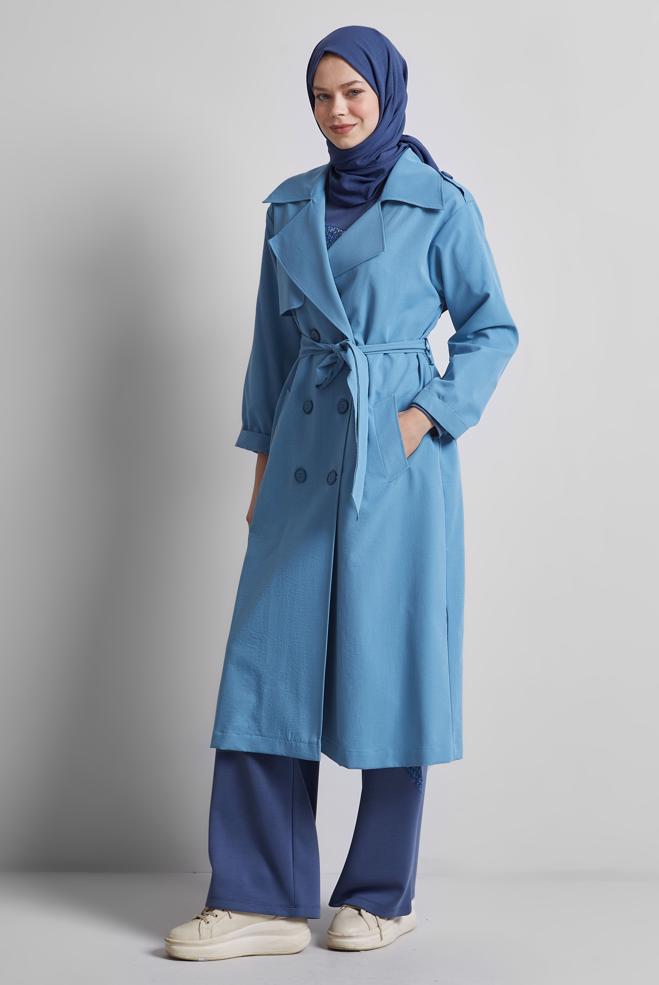 Vêtements hijab BLEU TRENCH-COAT CEINTURÉ 10953 - ALVİNA