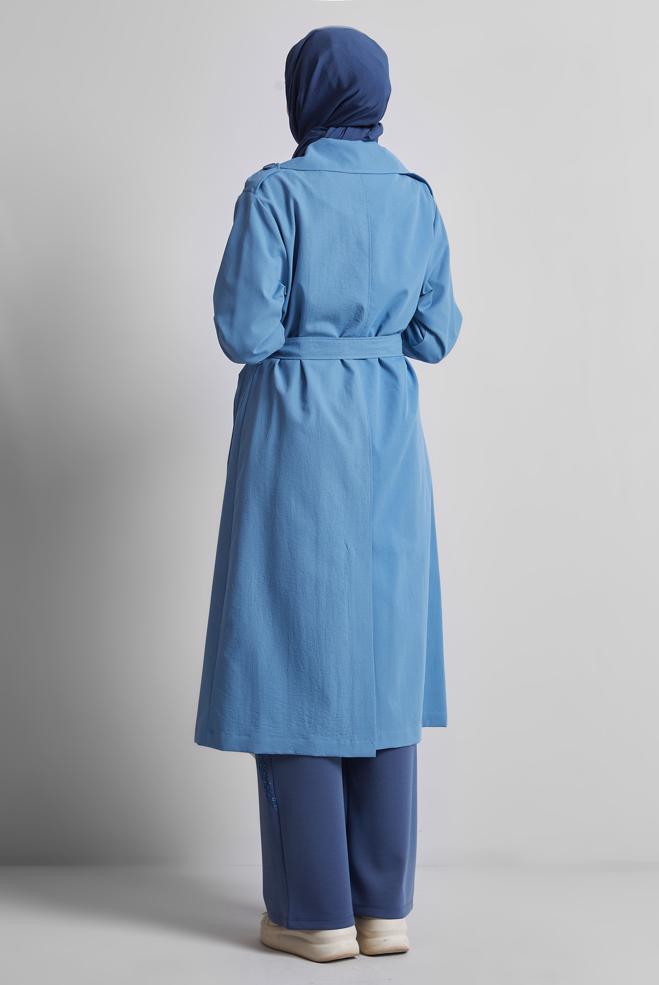 Vêtements hijab BLEU TRENCH-COAT CEINTURÉ 10953 - ALVİNA