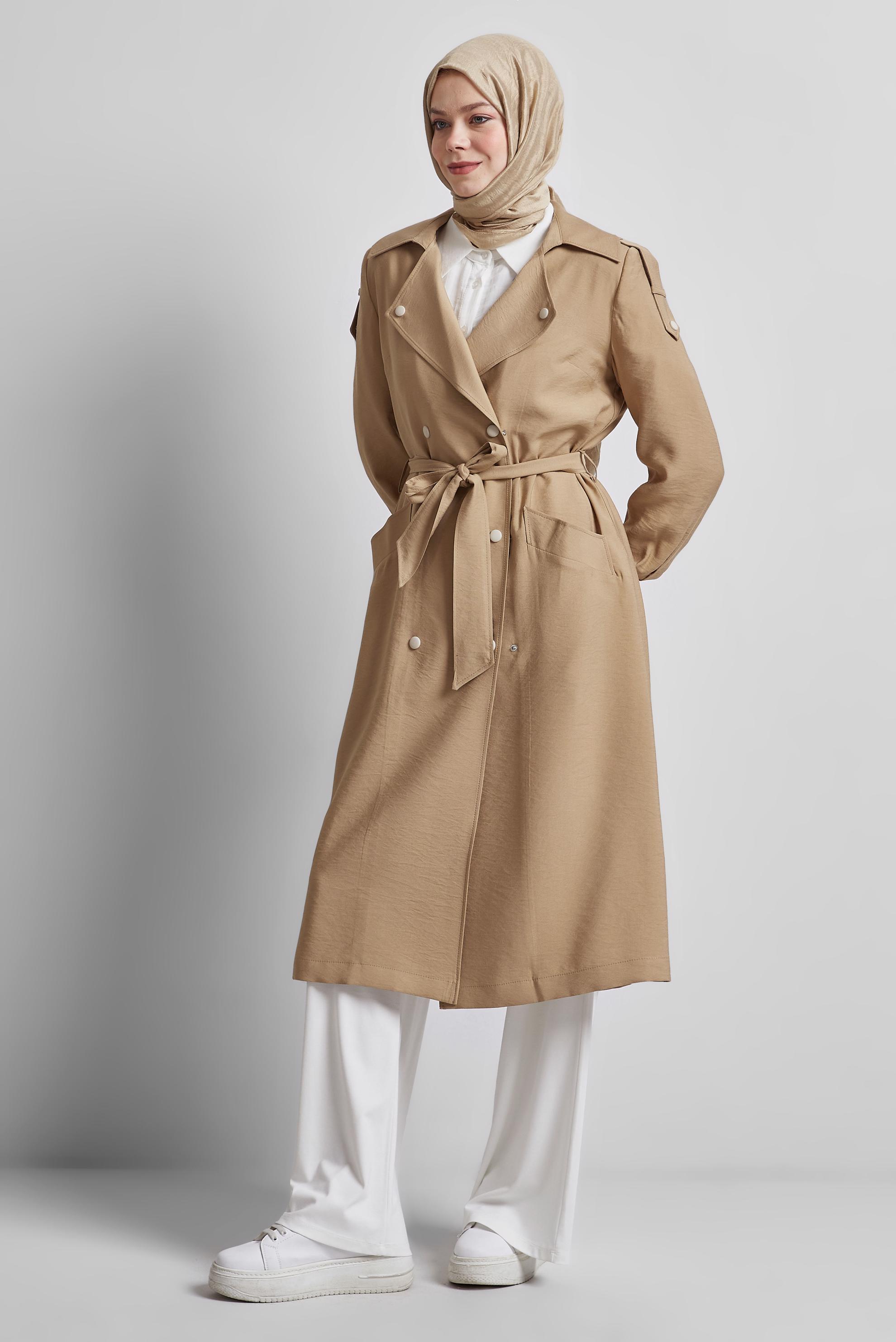 Tesettür giyim KAHVE KUŞAKLI TRENÇKOT 10955