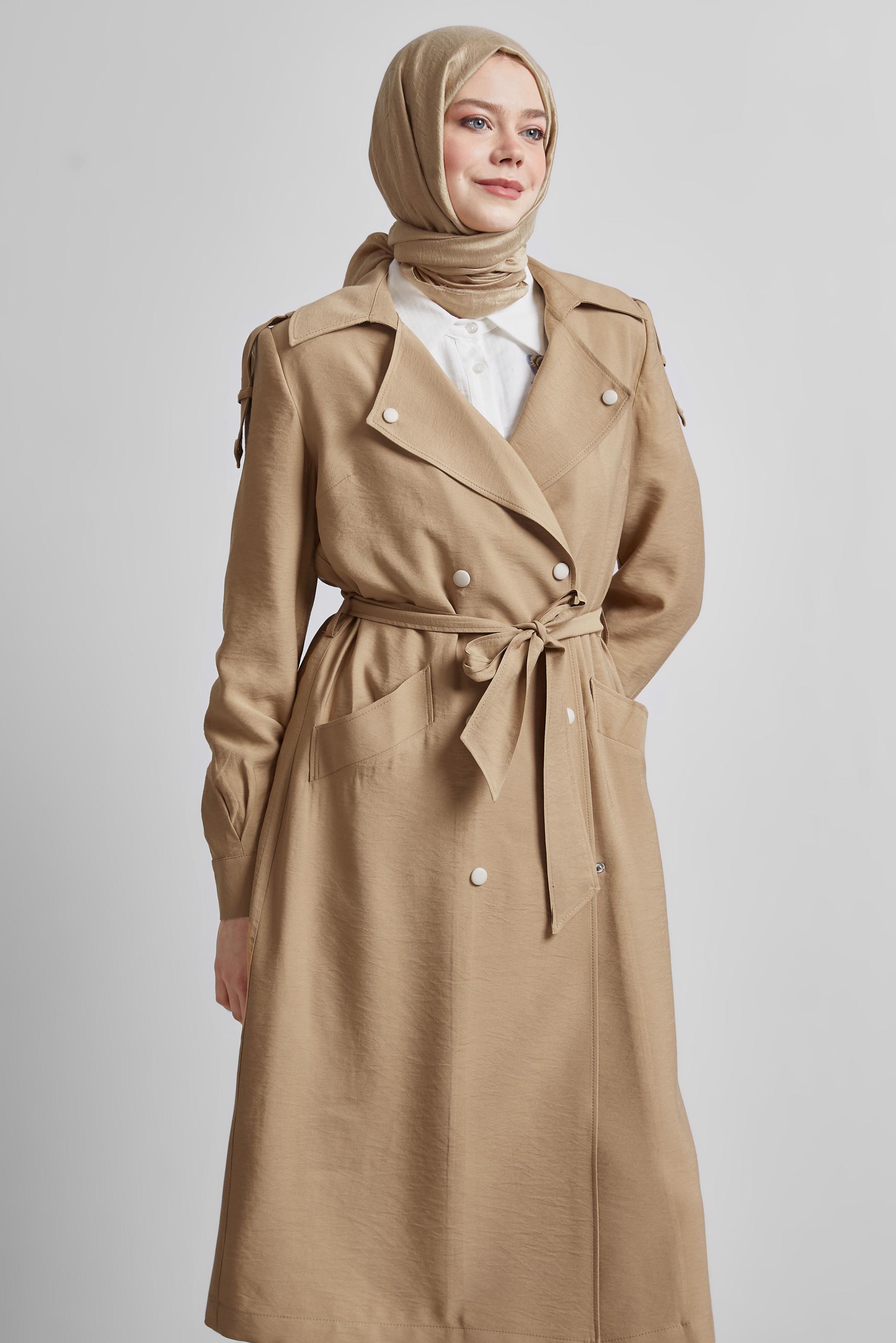 Tesettür giyim KAHVE KUŞAKLI TRENÇKOT 10955