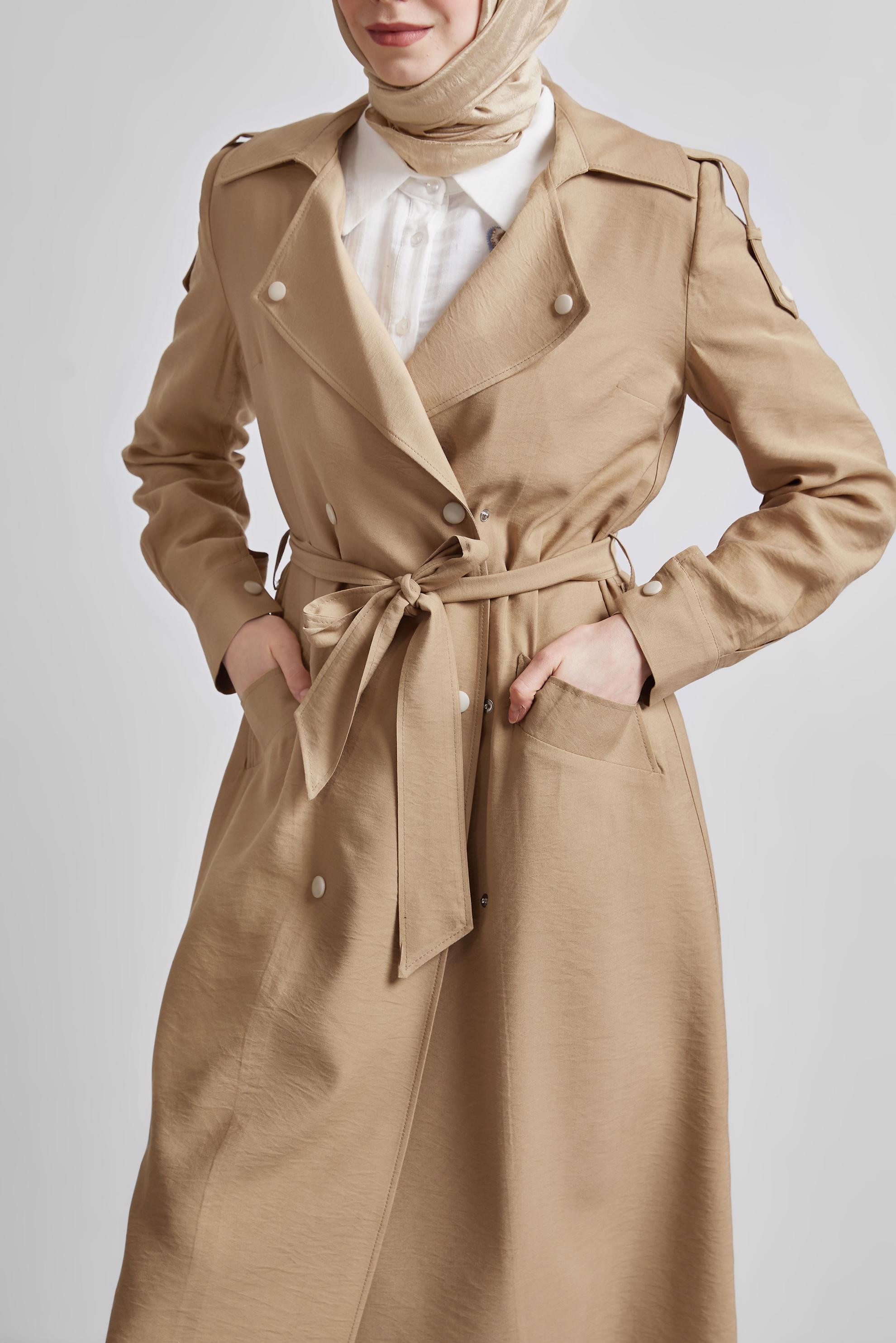 Tesettür giyim KAHVE KUŞAKLI TRENÇKOT 10955