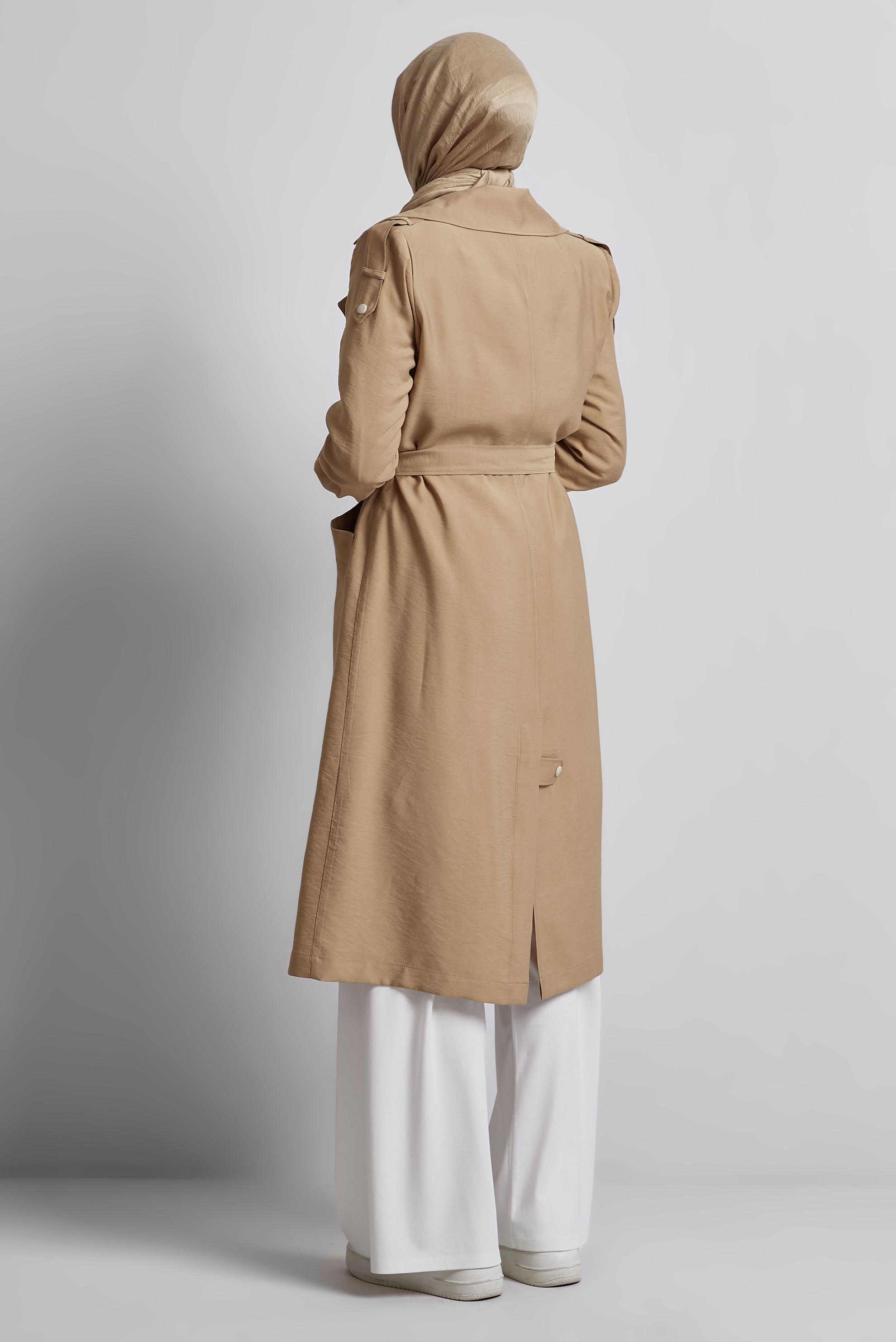 Tesettür giyim KAHVE KUŞAKLI TRENÇKOT 10955