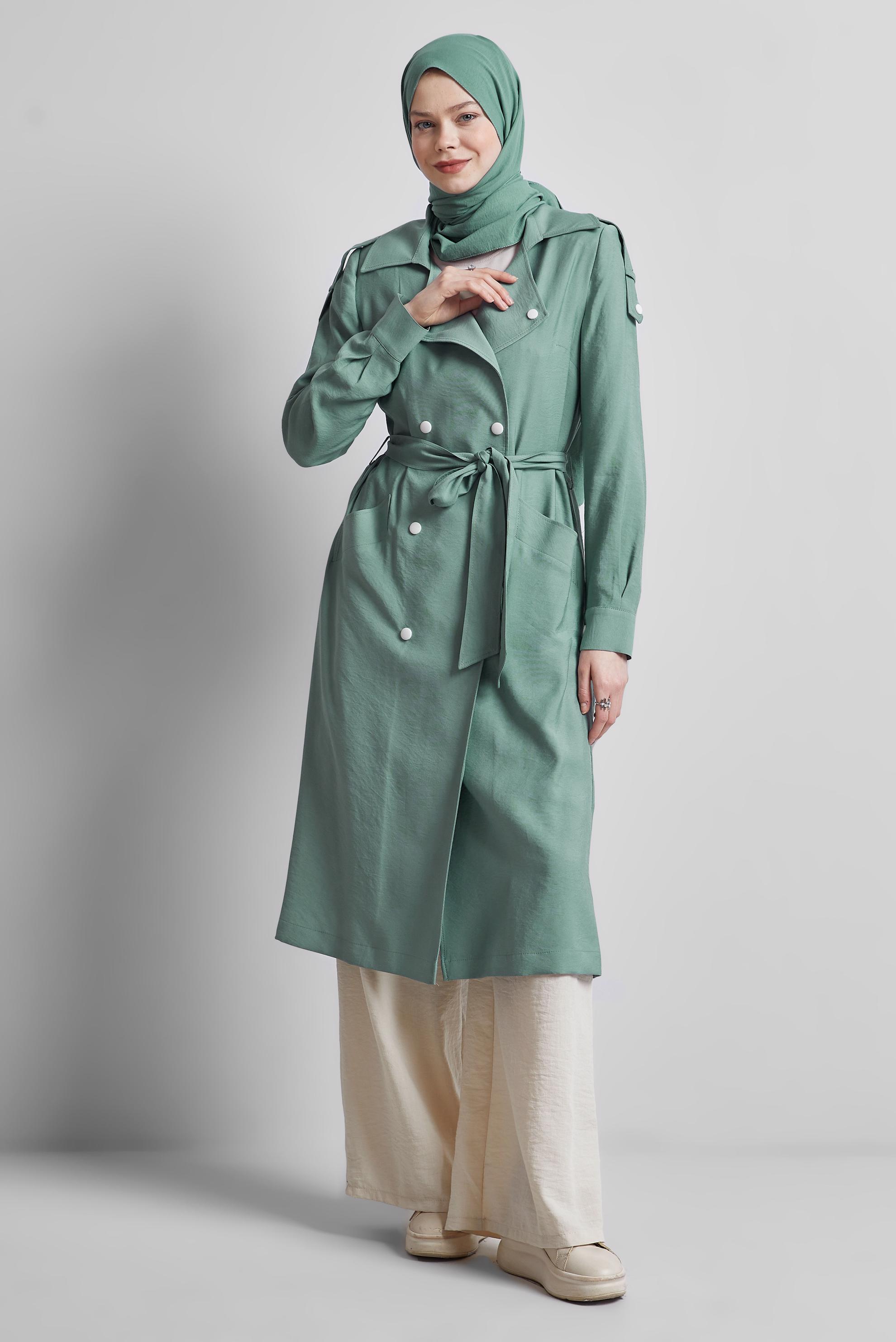 Vêtements hijab VERT TRENCH-COAT CEINTURÉ 10955