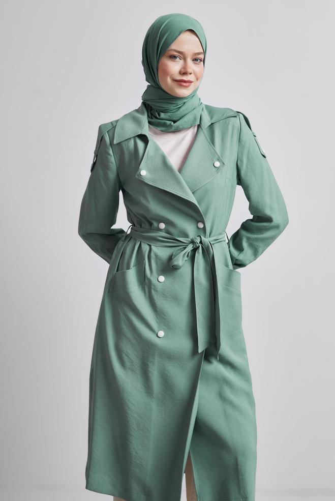 Vêtements hijab VERT TRENCH-COAT CEINTURÉ 10955 - ALVİNA