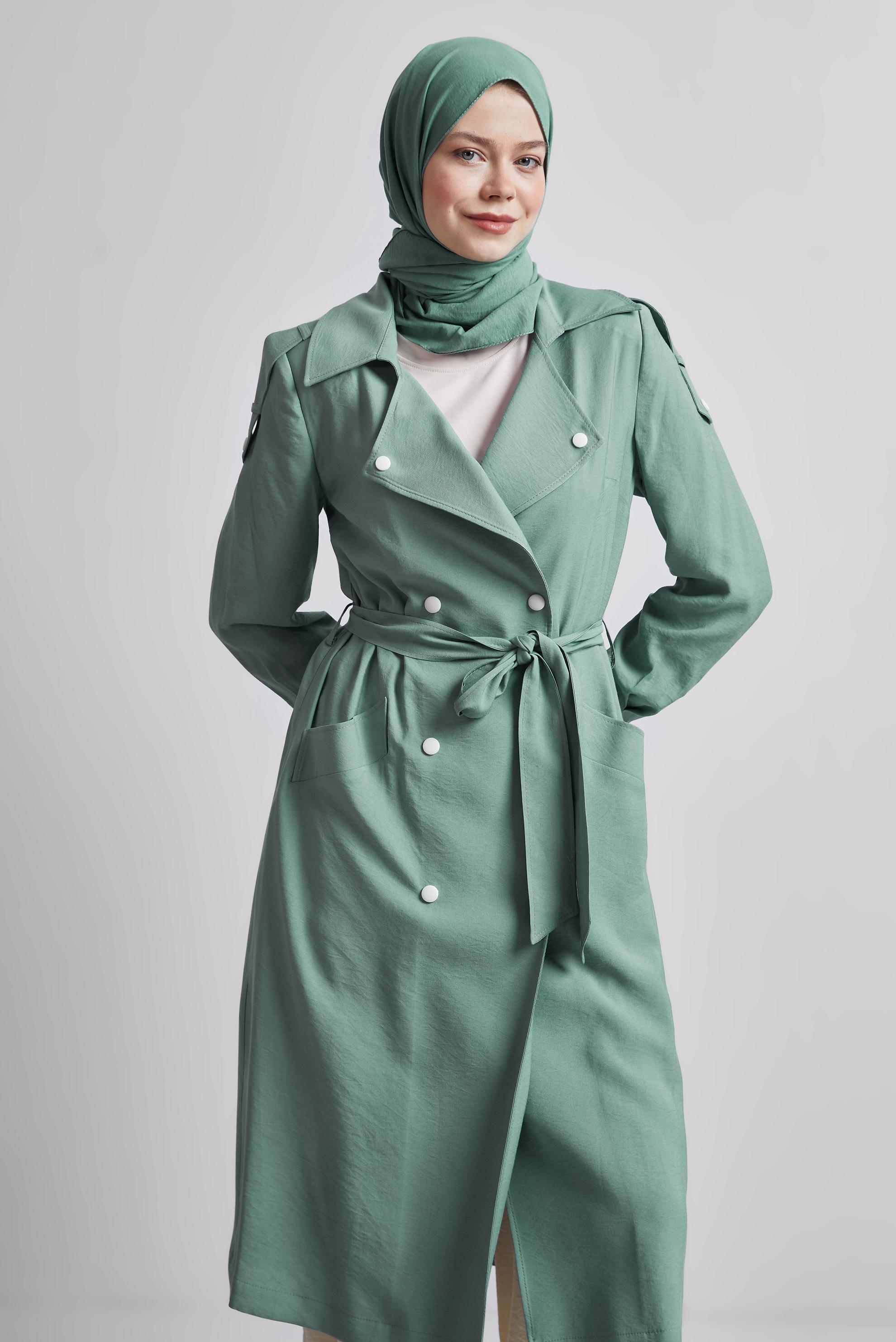 Vêtements hijab VERT TRENCH-COAT CEINTURÉ 10955
