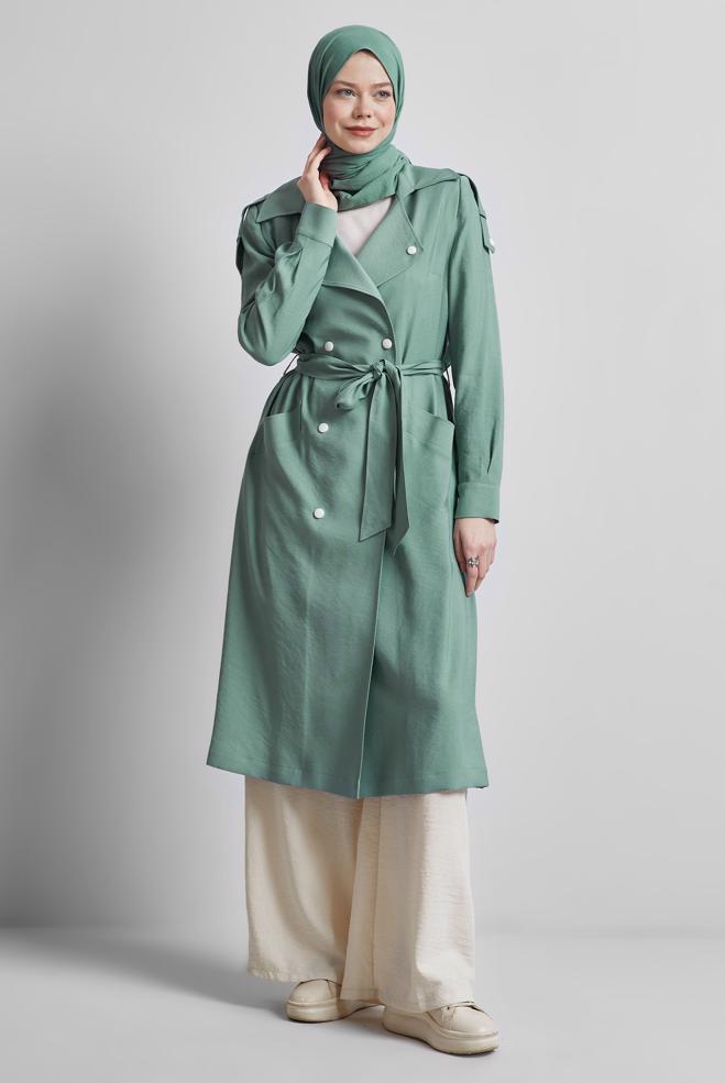 Vêtements hijab VERT TRENCH-COAT CEINTURÉ 10955 - ALVİNA