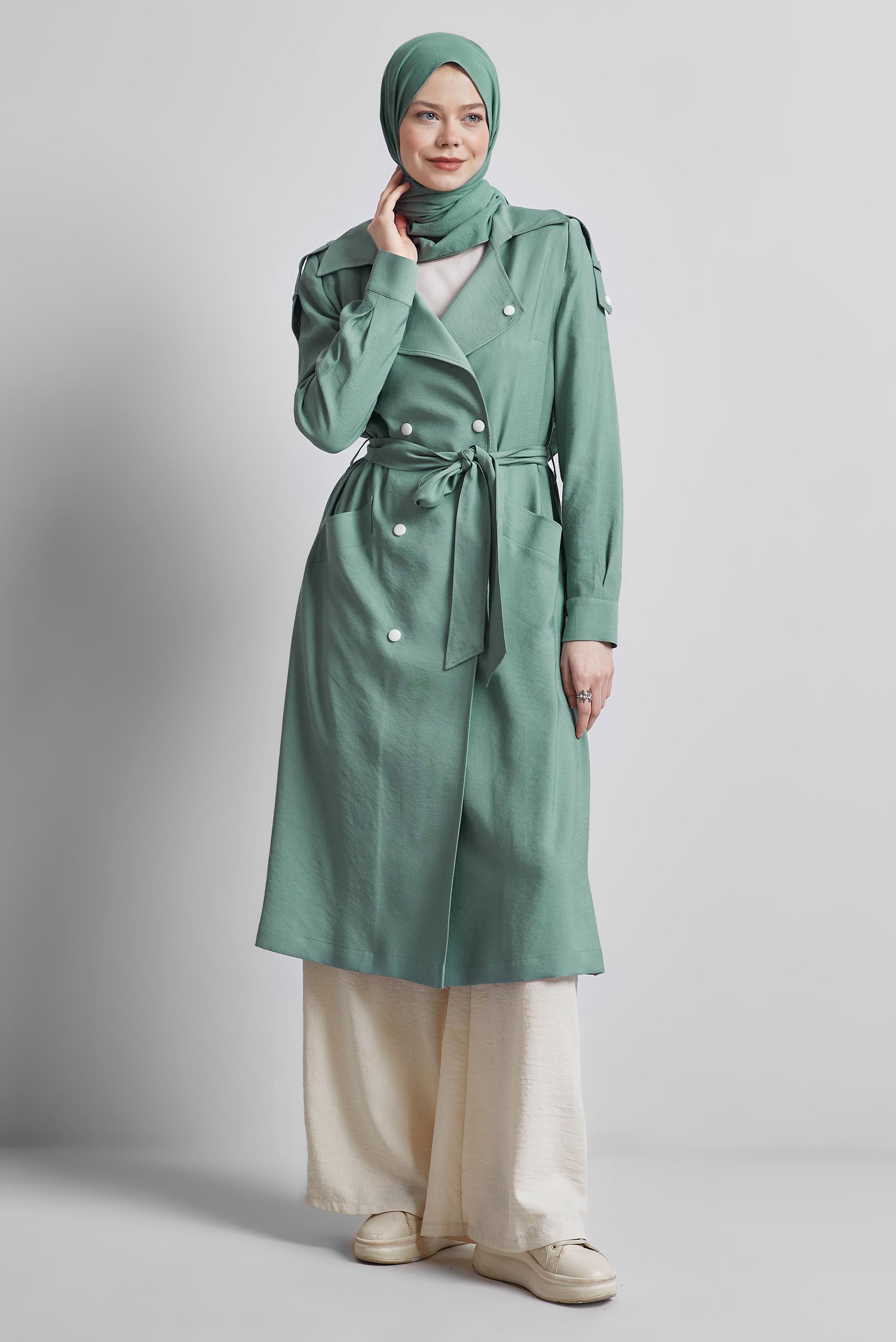Vêtements hijab VERT TRENCH-COAT CEINTURÉ 10955