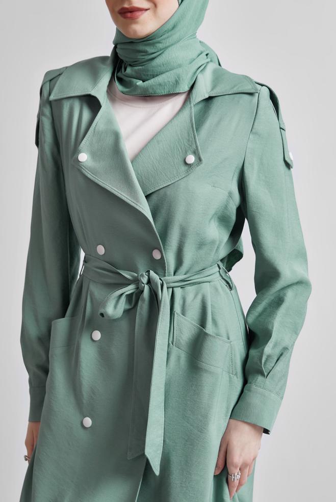 Vêtements hijab VERT TRENCH-COAT CEINTURÉ 10955 - ALVİNA