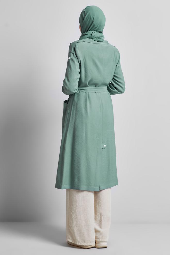 Vêtements hijab VERT TRENCH-COAT CEINTURÉ 10955 - ALVİNA