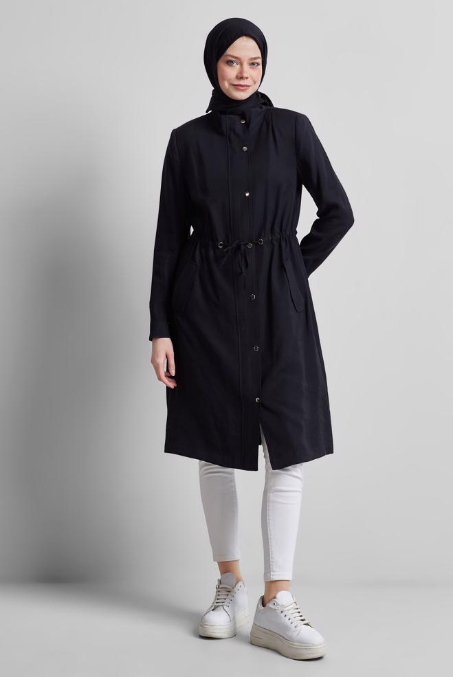 Vêtements hijab NOIR TRENCH-COAT À TAILLE SMOKING 10956 - ALVİNA