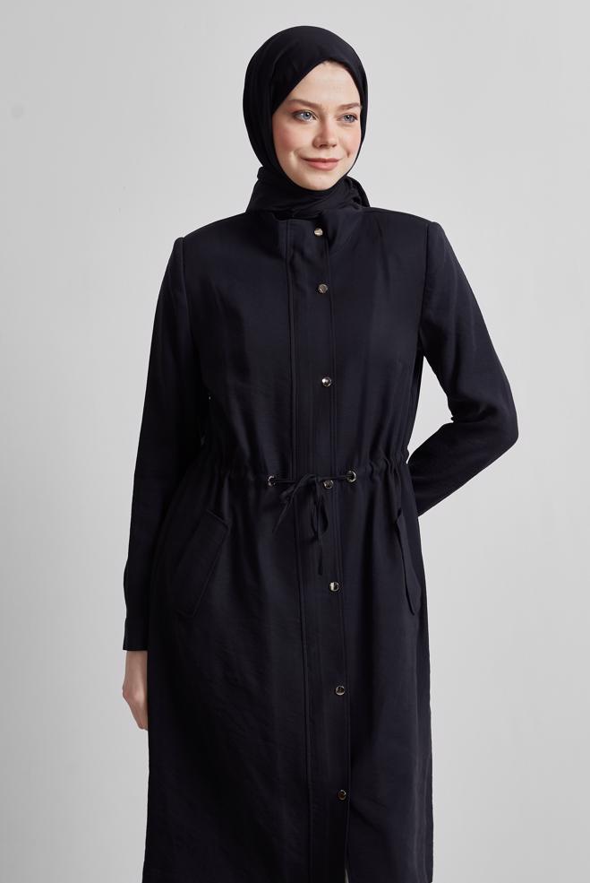 Vêtements hijab NOIR TRENCH-COAT À TAILLE SMOKING 10956 - ALVİNA