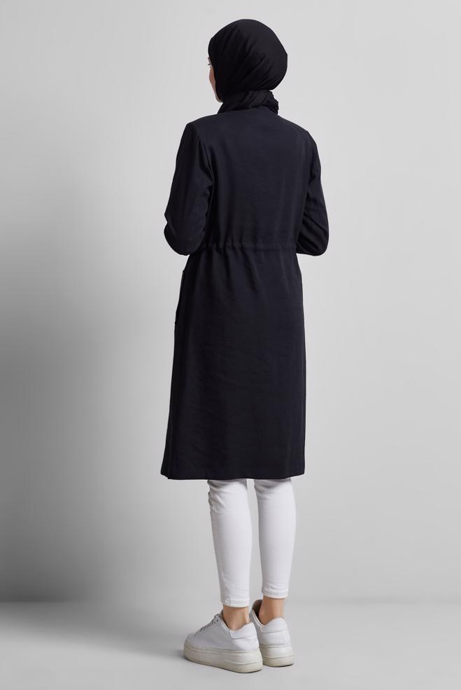 Vêtements hijab NOIR TRENCH-COAT À TAILLE SMOKING 10956 - ALVİNA