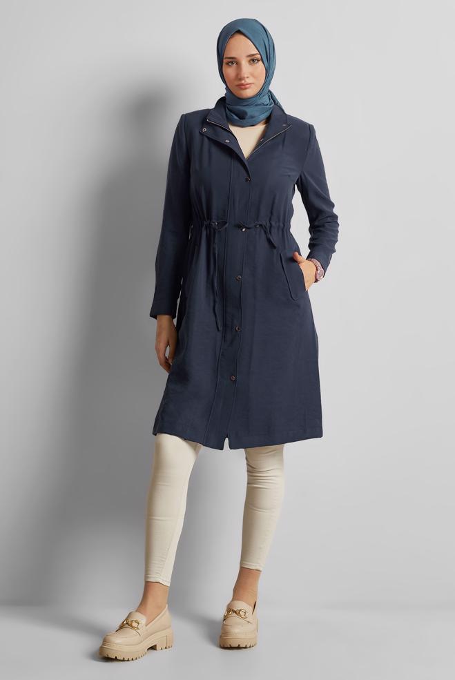 Vêtements hijab BLEU MARINE TRENCH-COAT À TAILLE SMOKING 10956 - ALVİNA