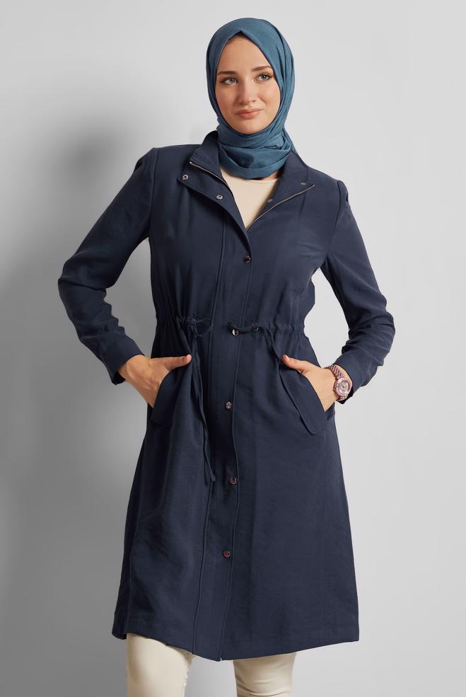 Vêtements hijab BLEU MARINE TRENCH-COAT À TAILLE SMOKING 10956 - ALVİNA
