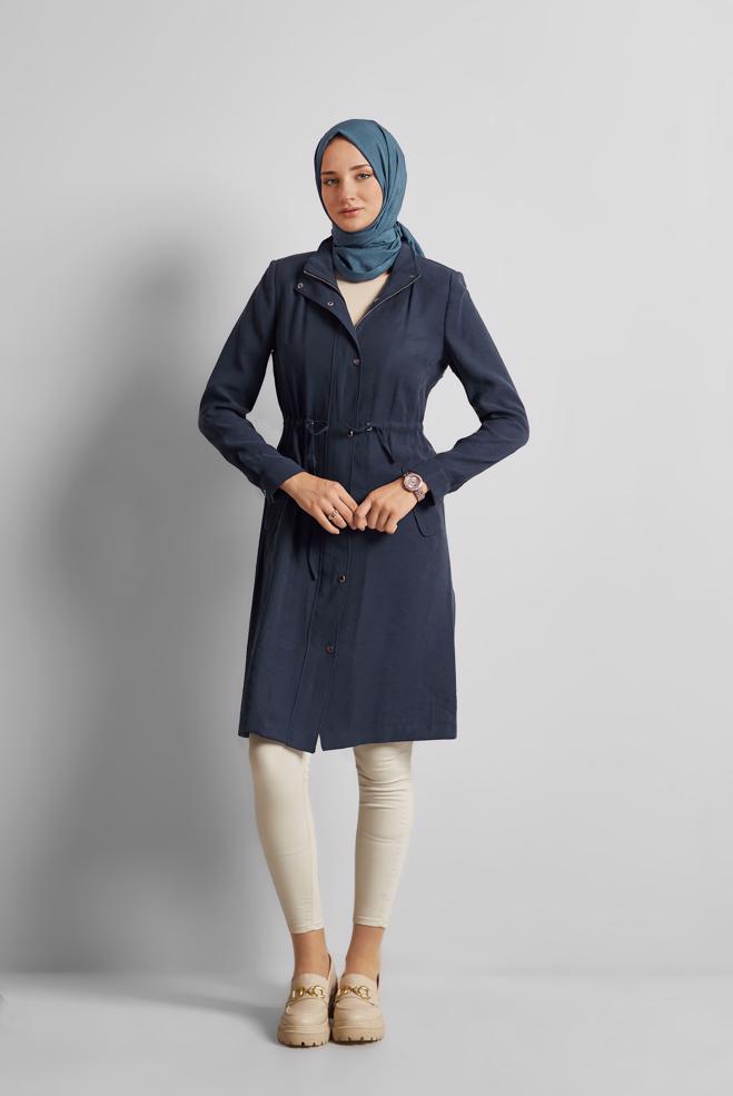 Vêtements hijab BLEU MARINE TRENCH-COAT À TAILLE SMOKING 10956 - ALVİNA