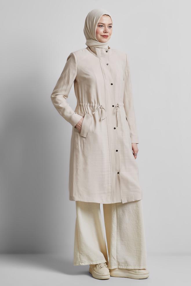 Vêtements hijab BEIGE TRENCH-COAT À TAILLE SMOKING 10956 - ALVİNA
