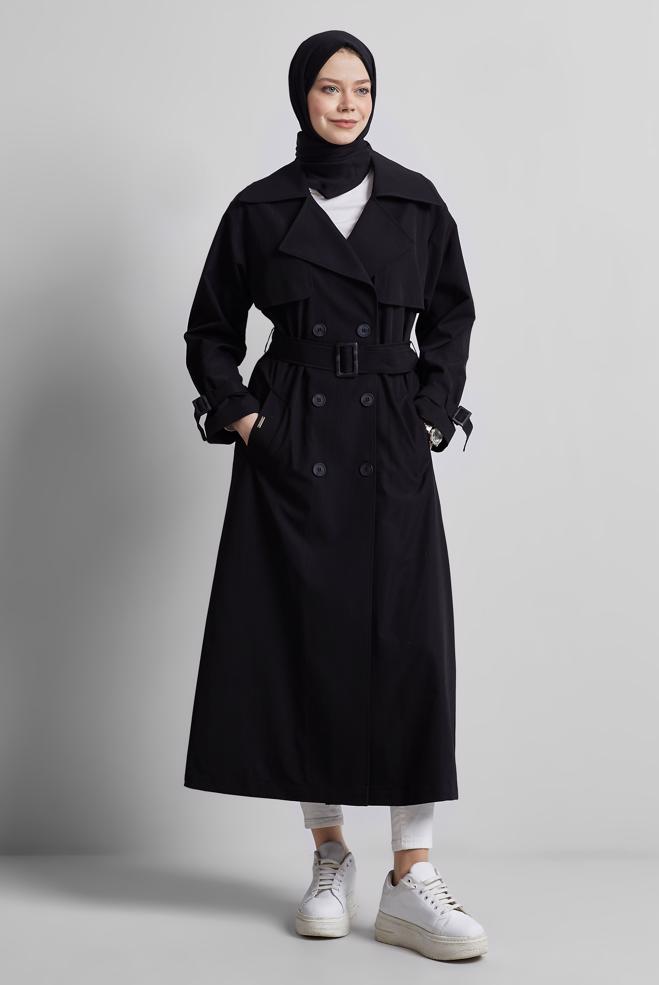 Vêtements hijab NOIR TRENCH-COAT CEINTURÉ 10957 - ALVİNA