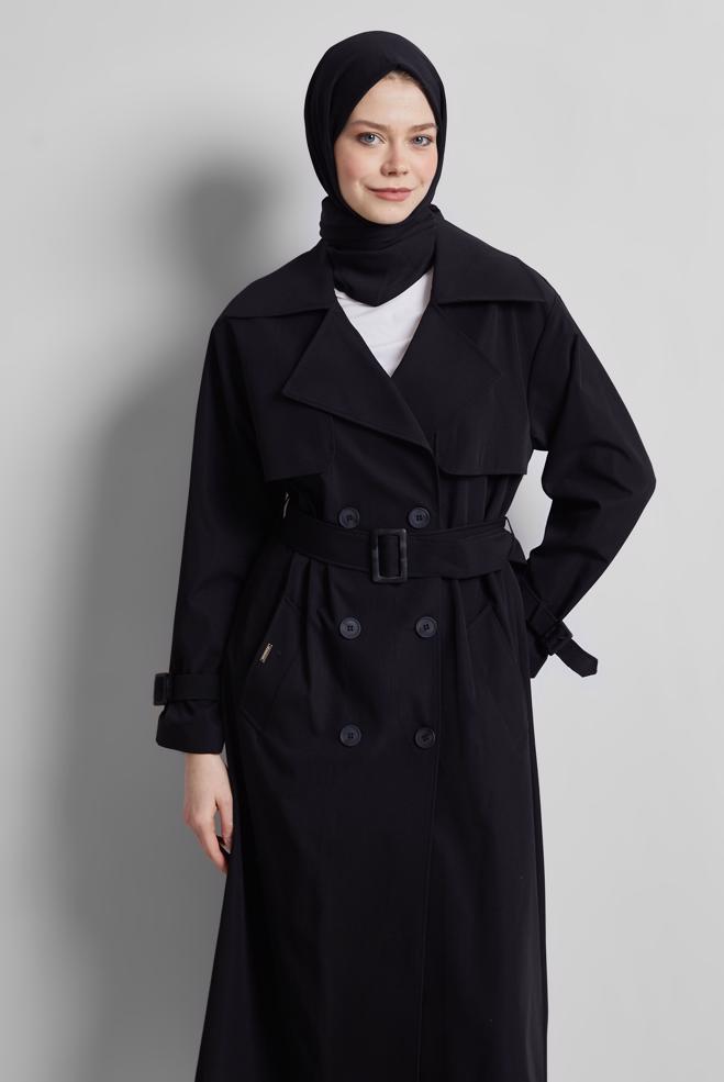 Vêtements hijab NOIR TRENCH-COAT CEINTURÉ 10957 - ALVİNA