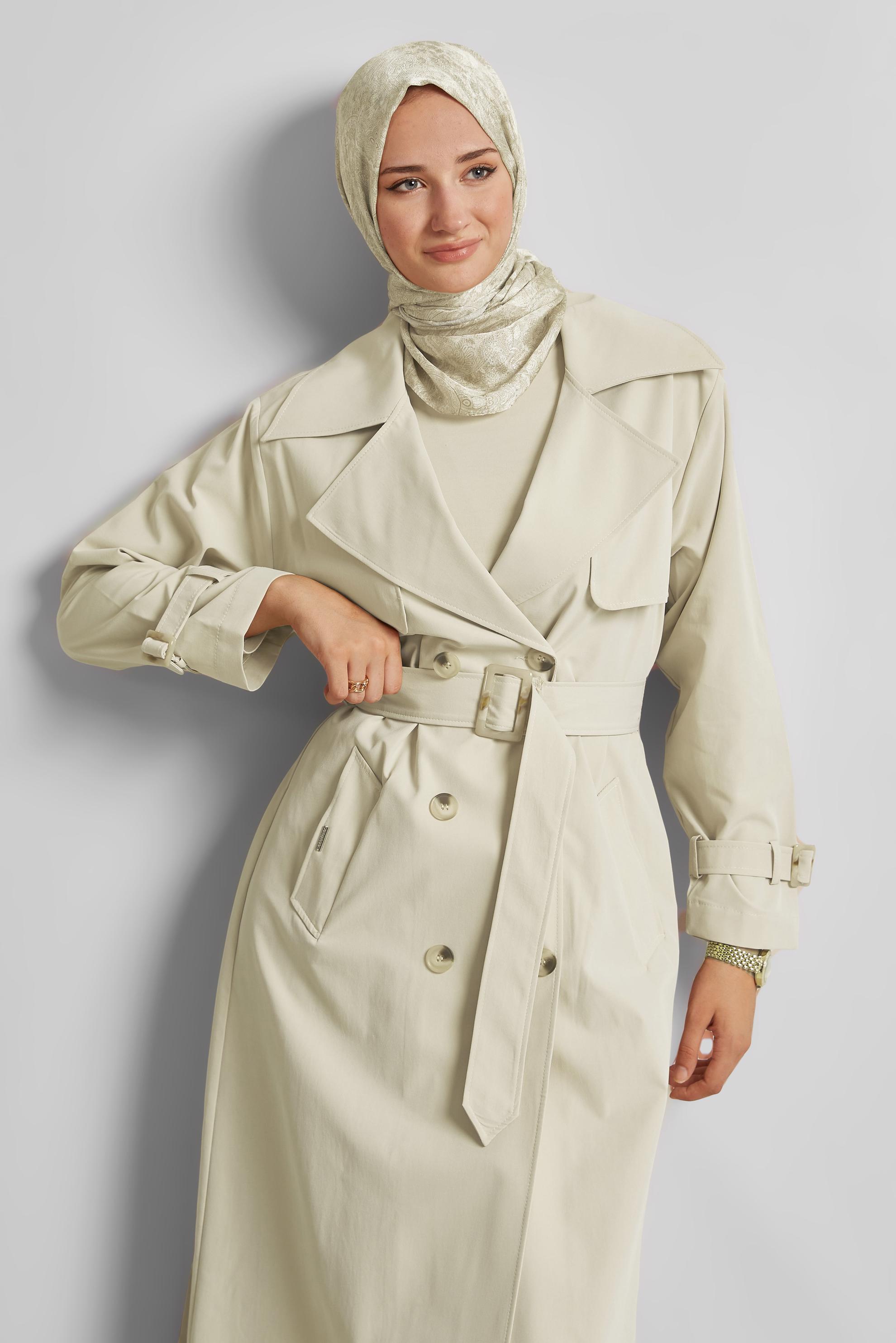 Tesettür giyim BEJ KUŞAKLI TRENÇKOT 10957