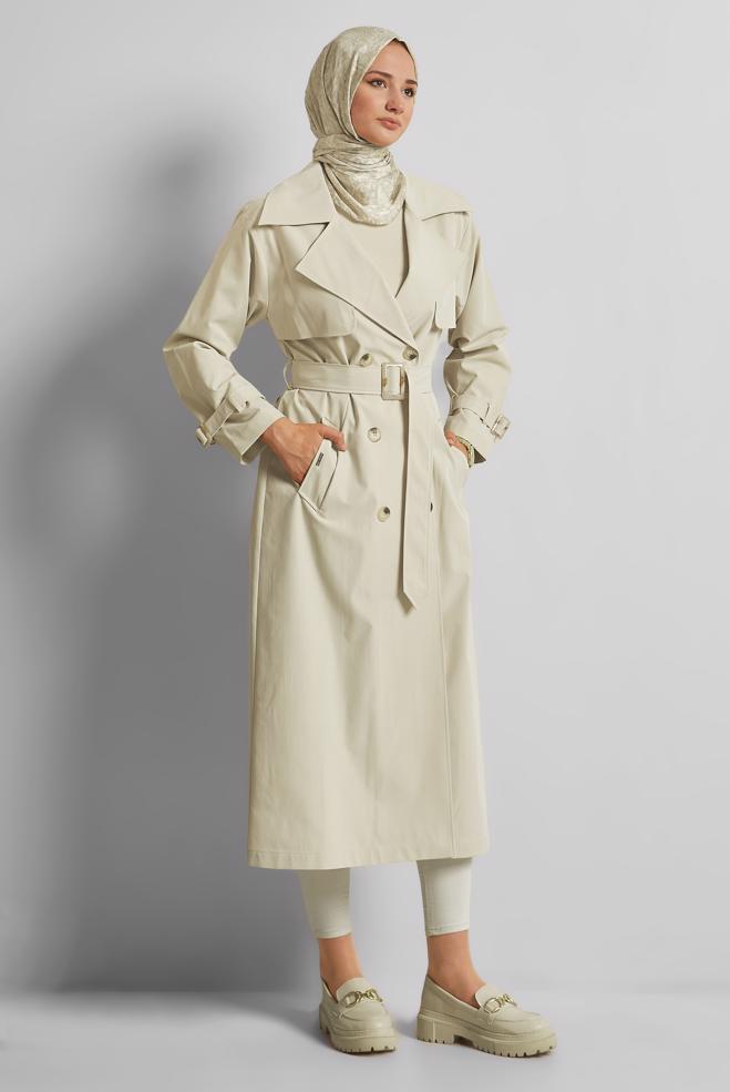 Vêtements hijab BEIGE TRENCH-COAT CEINTURÉ 10957 - ALVİNA
