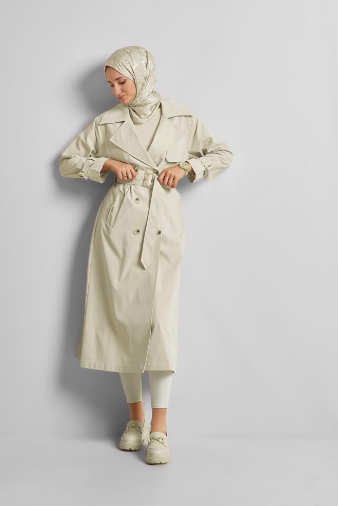 Vêtements hijab BEIGE TRENCH-COAT CEINTURÉ 10957 - ALVİNA