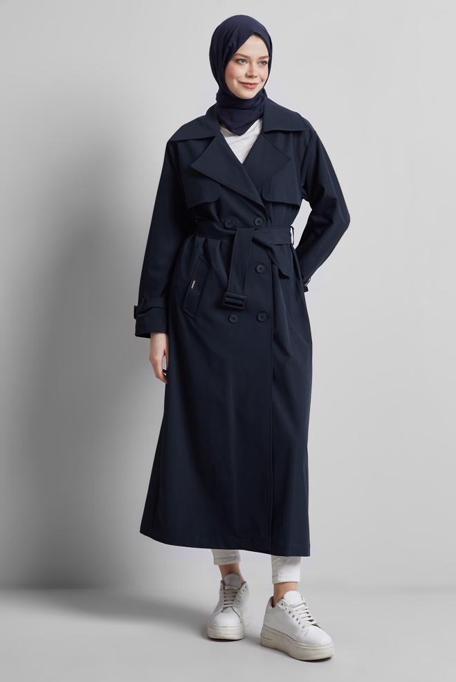 Vêtements hijab BLEU MARINE TRENCH-COAT CEINTURÉ 10957 - ALVİNA